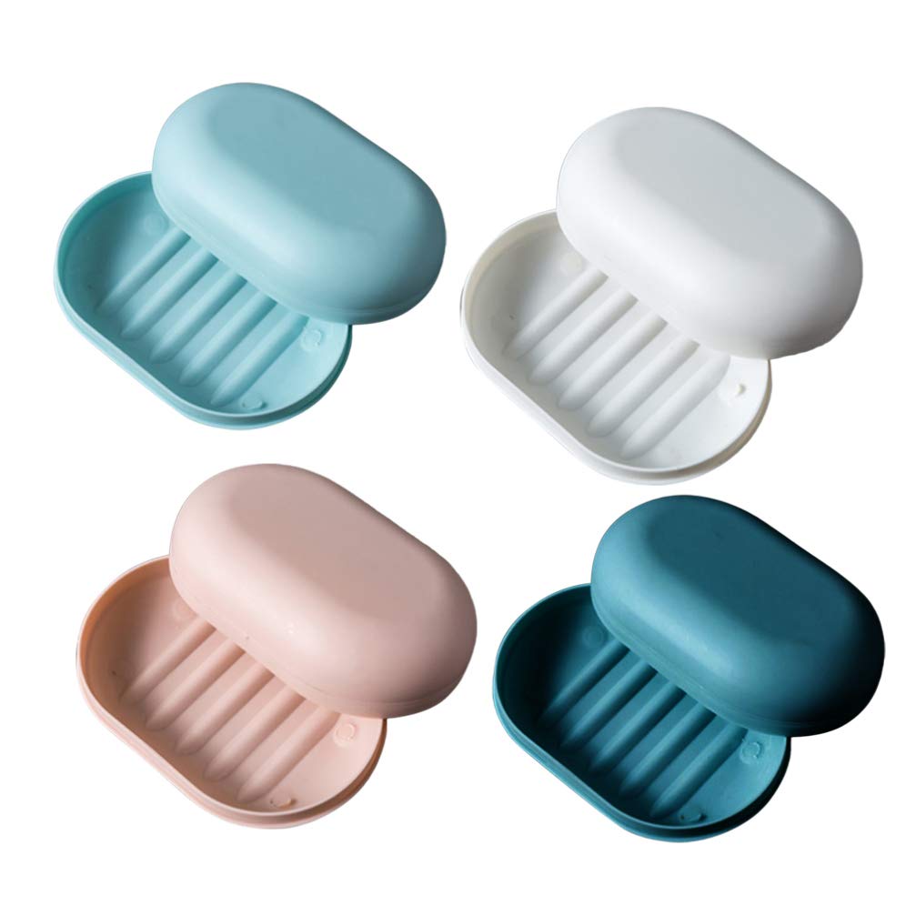 HEALLILY 4-Pack Portable Soap Holder Case with Lid - Leak-Proof Shower Soap Dish for Bathroom, Travel & Camping - Includes 4 Colors (Blue, Green, Pink, White) - Perfect for Home, Gym, Hotel & Outdoor Use