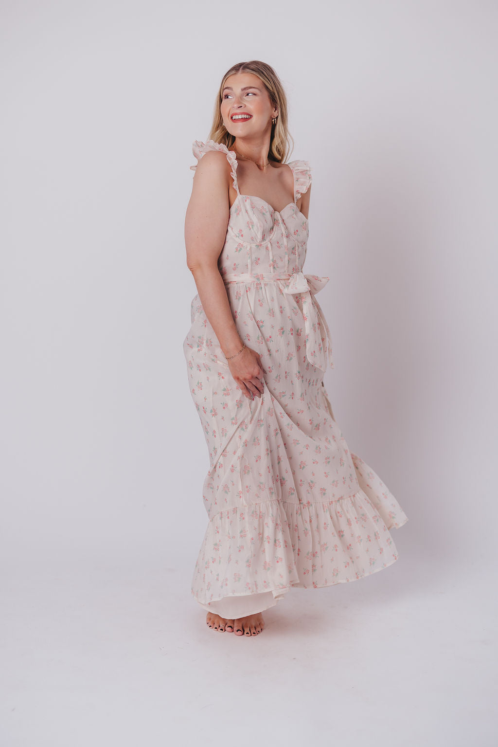 Rosamund Bustier Style Maxi Dress - Floral Blush Pink Women's Plus Size Dress (S-3XL) | Perfect for Weddings, Parties & Summer Vacations