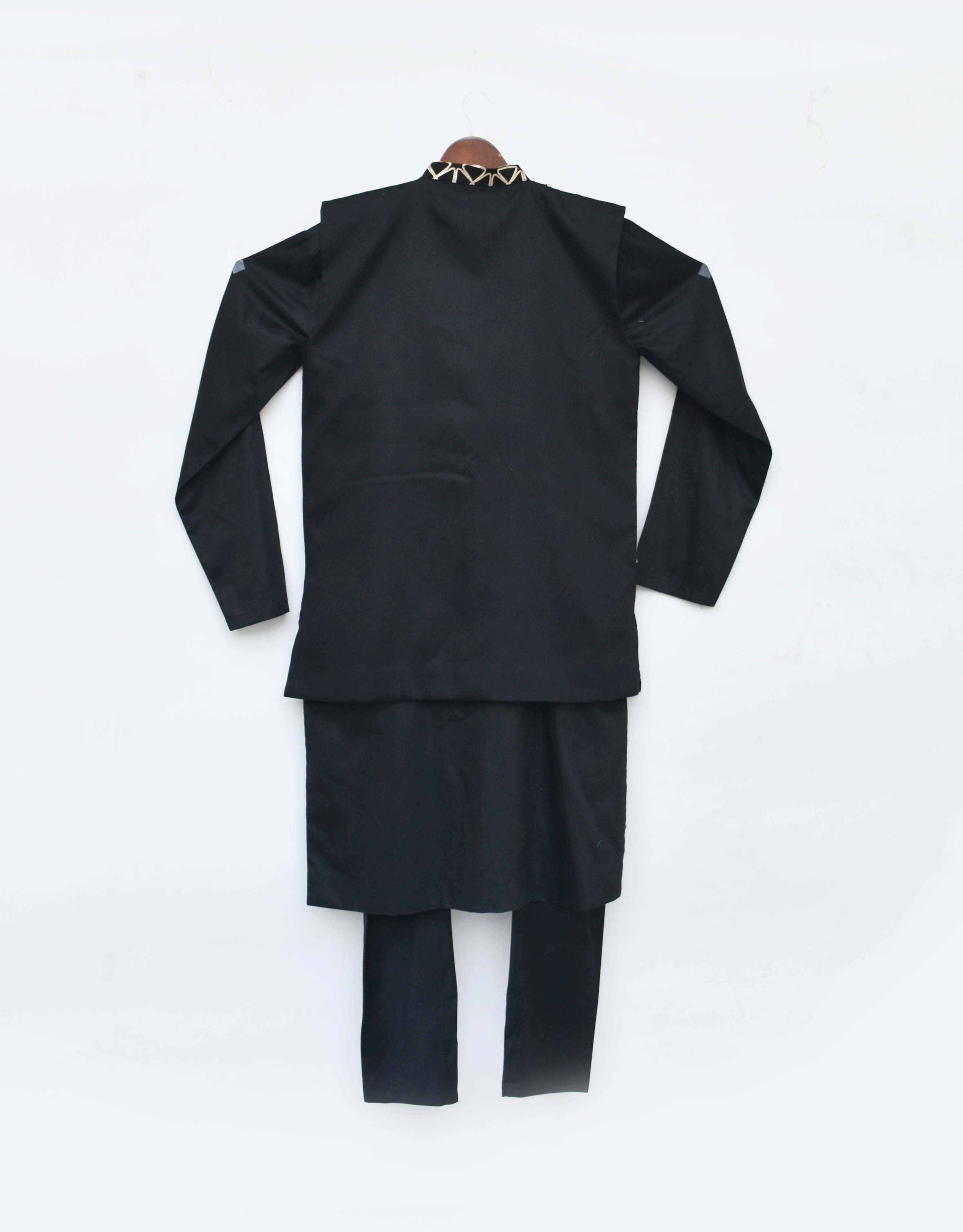 Pre Order: Stylish Black Gotta Embroidery Jacket with Kurta & Churidar Set - Perfect for Weddings, Festivals & Special Occasions