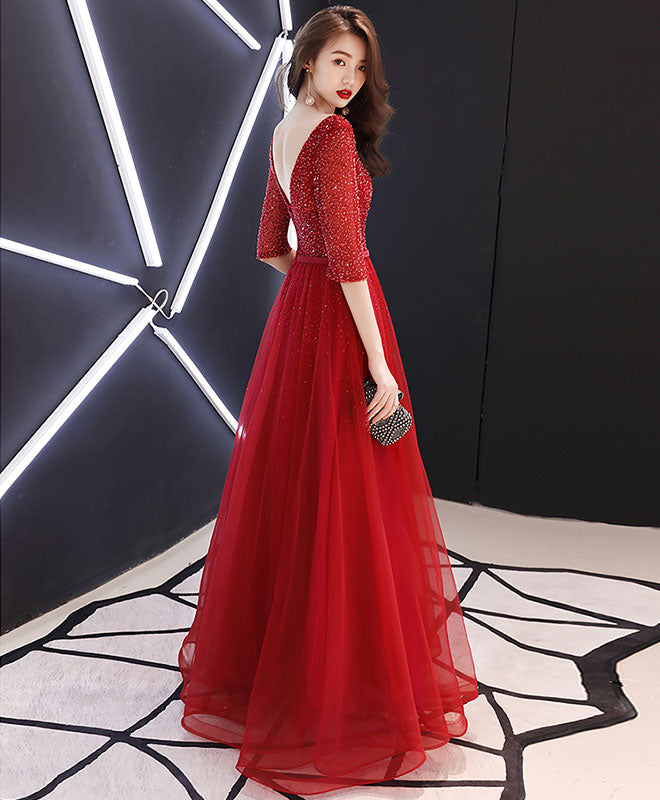 Elegant Burgundy Tulle Beaded Long Prom Dress with Lace Details - Formal Evening Gown for Homecoming, Quinceañera & Special Occasions