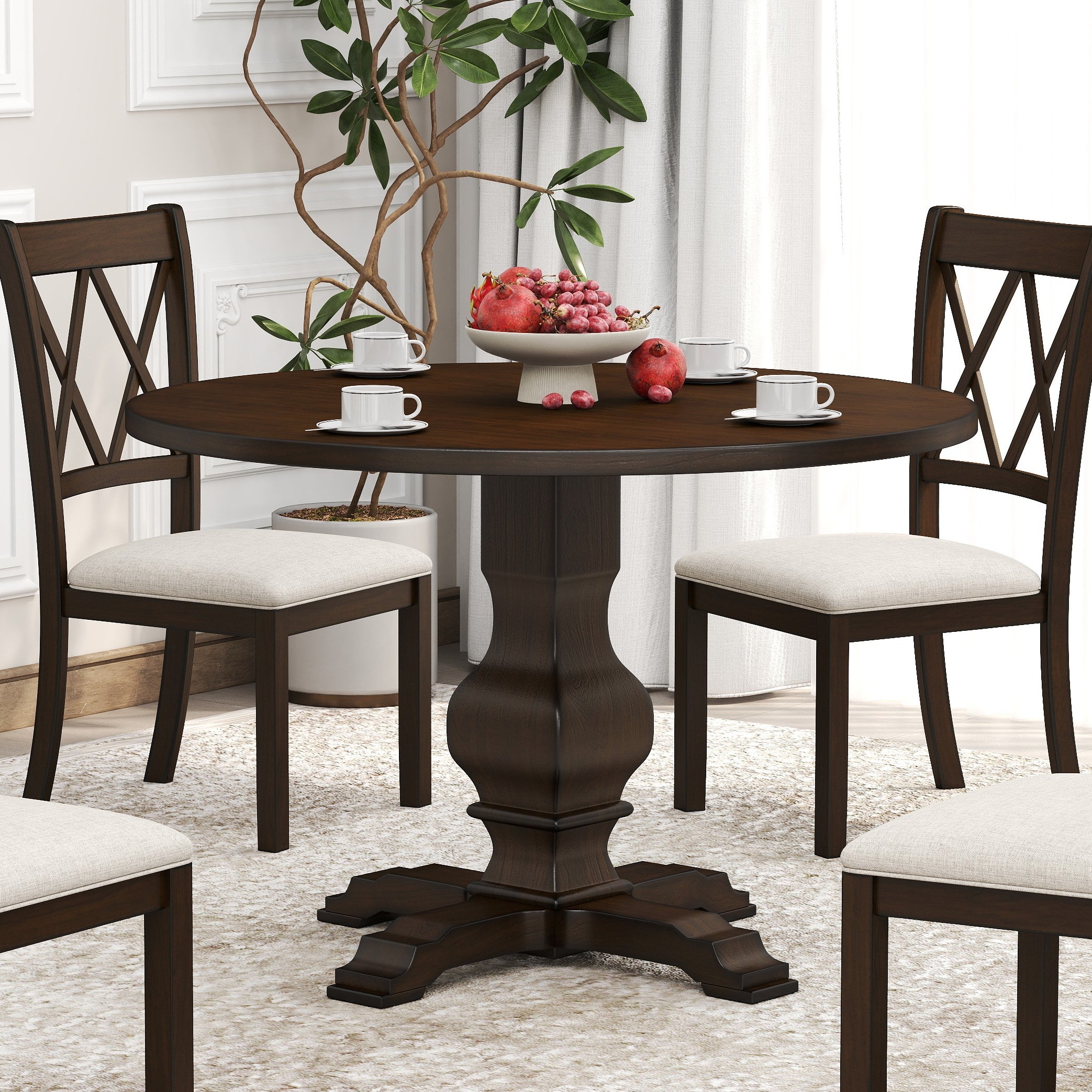 Roundhill Furniture Havre Solid Wood Pedestal Round Dining Table - 42 Inch Farmhouse Style for Kitchen, Dining Room & Small Spaces