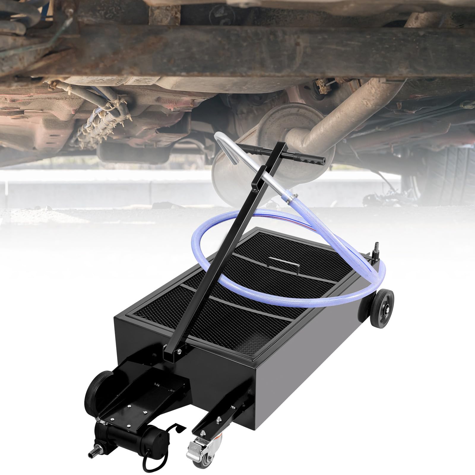 VEVOR 25 Gallon Low Profile Oil Drain Pan with Electric Pump - Large Capacity Oil Change Pan with 7.2ft Hose & Folding Handle - Rolling Oil Drain Cart for Trucks, Buses, RVs - Perfect for Garage, Auto Shop & Fleet Maintenance