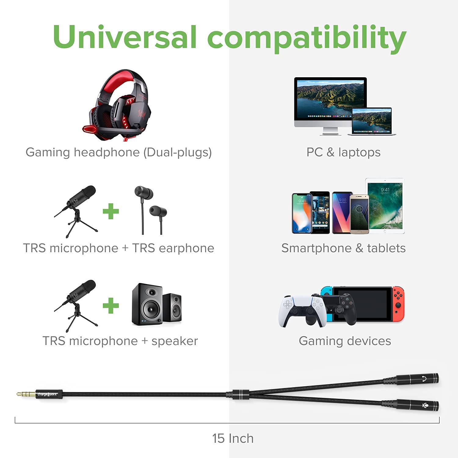 3.5mm Audio Y Splitter Adapter - Dual Mic & Headphone Jack Extension Cable for Gaming PC, PS5, PS4, Xbox Series X/S, Laptop, Tablet & Mobile Devices - Perfect for Streaming, Online Gaming & Conference Calls