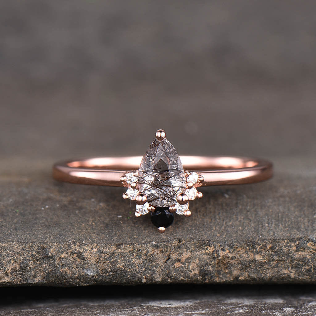 14K/18K Gold Black Rutilated Quartz Diamond Engagement Ring for Women - Elegant Wedding Band, Promise Ring, Anniversary Gift for Her