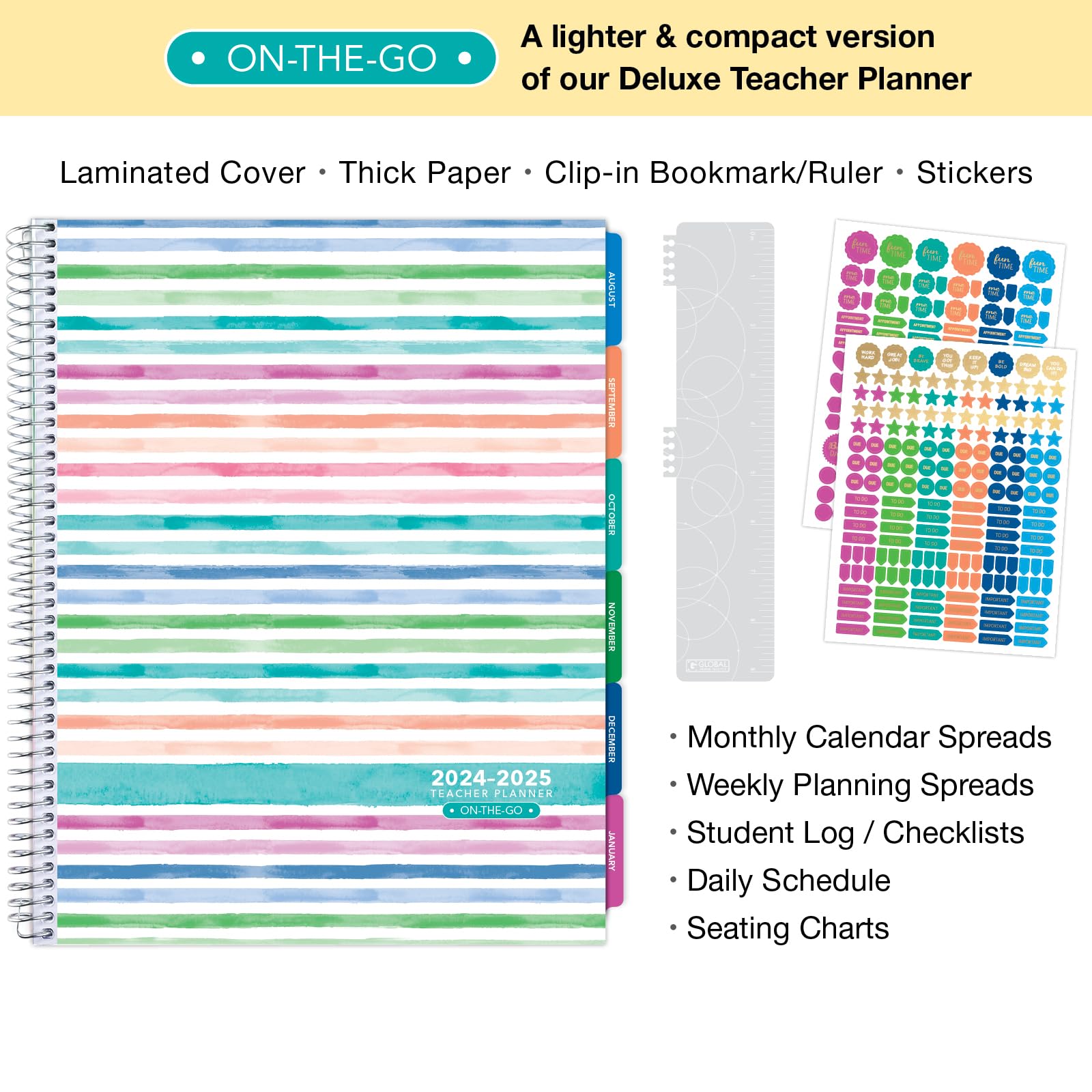 2024-2025 Lite Teacher Lesson Planner - 8.5x11 Academic Planner with Daily/Weekly/Monthly Organizers, 7 Periods, Dated Calendar, Page Tabs & Stickers (Watercolor Stripes) - Perfect for Classroom Planning, Homeschool Organization & Teacher Gifts