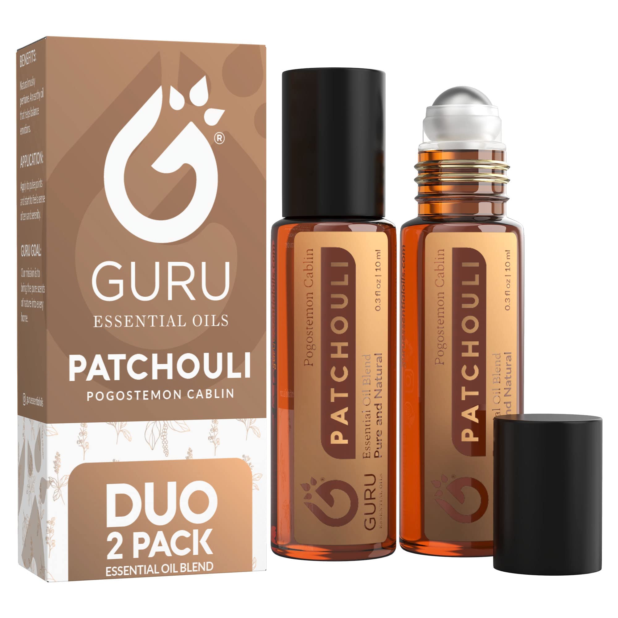 Patchouli Essential Oil Roll On (2 Pack) - 100% Pure Therapeutic Grade Aromatherapy Oil for Skin Care, Hair Growth & Relaxing Massage - Natural Perfume for Stress Relief & Better Sleep - Perfect for Yoga, Meditation & Home Spa