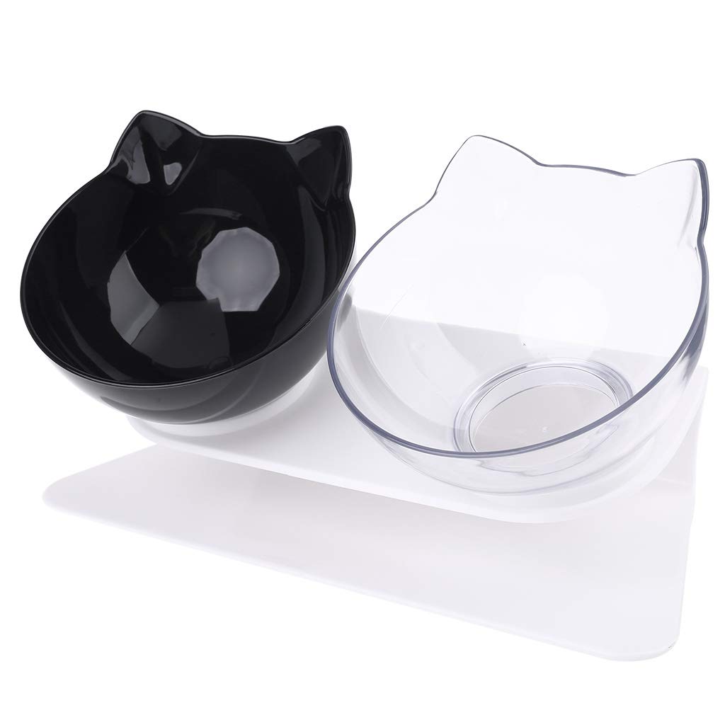 Non-Slip Elevated Cat Bowl Set - Dual Raised Pet Food and Water Bowls for Cats & Dogs, Anti-Tip Feeder with Stand - Perfect for Home, Kitchen or Travel Use (Black & White)