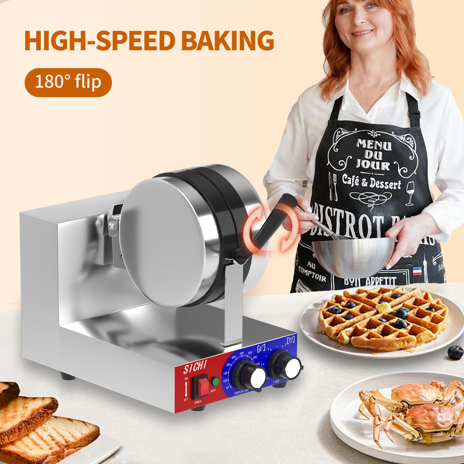 SICHI Commercial Waffle Maker - 1200W Belgian Waffle Iron with Non-Stick Baking Pan, 550°F Fast Heating, Rotating Stainless Steel Waffle Machine for 1.2