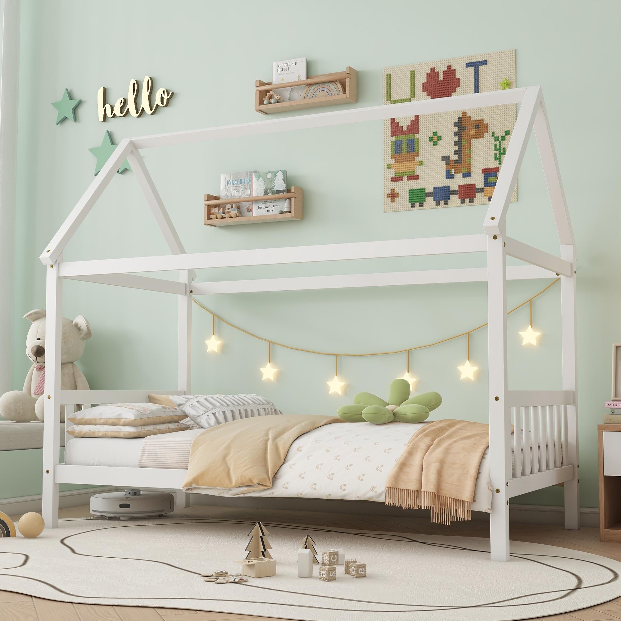 Montessori Twin Size House Bed for Kids - Solid Rubber Wood Platform Bed with Headboard, Footboard & Roof - Low Profile Bed Frame for Girls, Boys & Teens - Ideal for Bedrooms, Playrooms & Montessori Learning Spaces - White