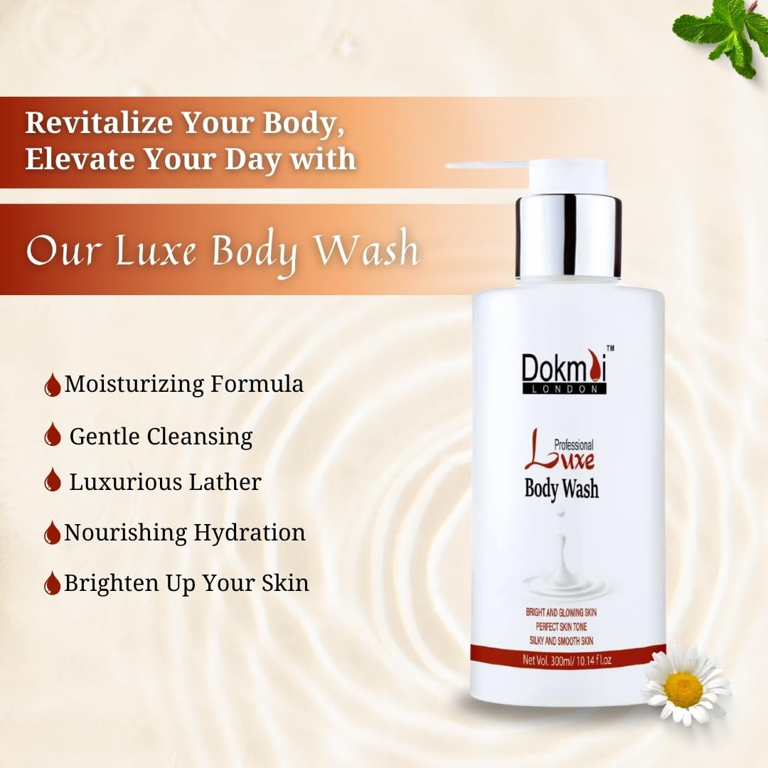 Dokmai London Professional Luxe Body Wash - Brightening & Glowing Skin Tone, Moisturizing for Softer & Smoother Skin (300ml, Pack of 5) | Perfect for Daily Shower, Spa Day & Gift Giving