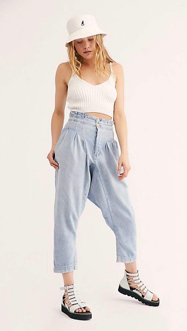 We The Free Women's High Waist Paperbag Denim Pants - Mover & Shaker Style, Blue Size 4 | Casual Chic Outfits for Work, Date Night & Weekend Wear