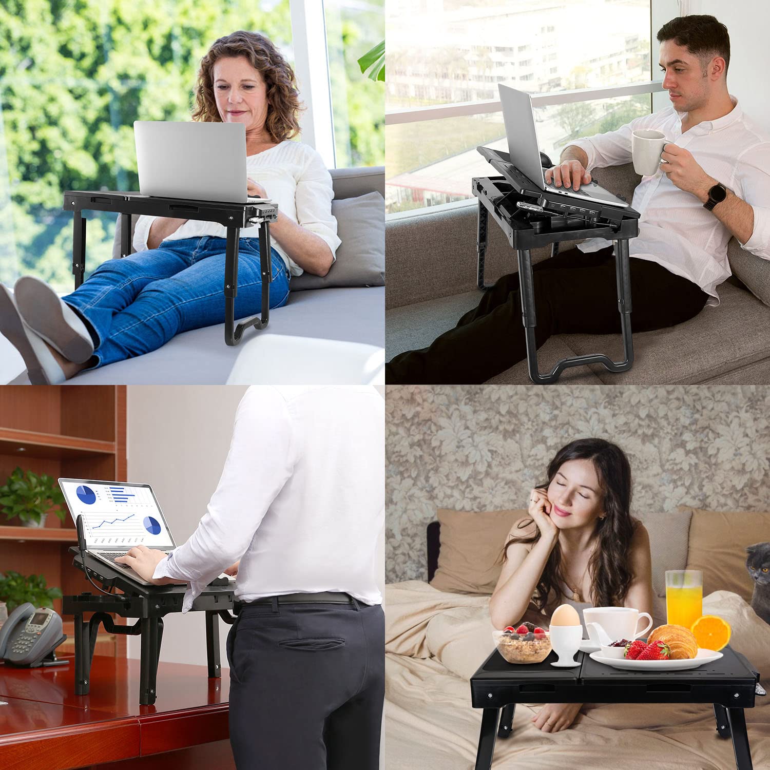 Adjustable Laptop Table Stand for Bed & Sofa - Portable Foldable Lap Desk with Cooling Fan, 4 USB Ports, Lightweight Design for Home, Office, and Travel Use