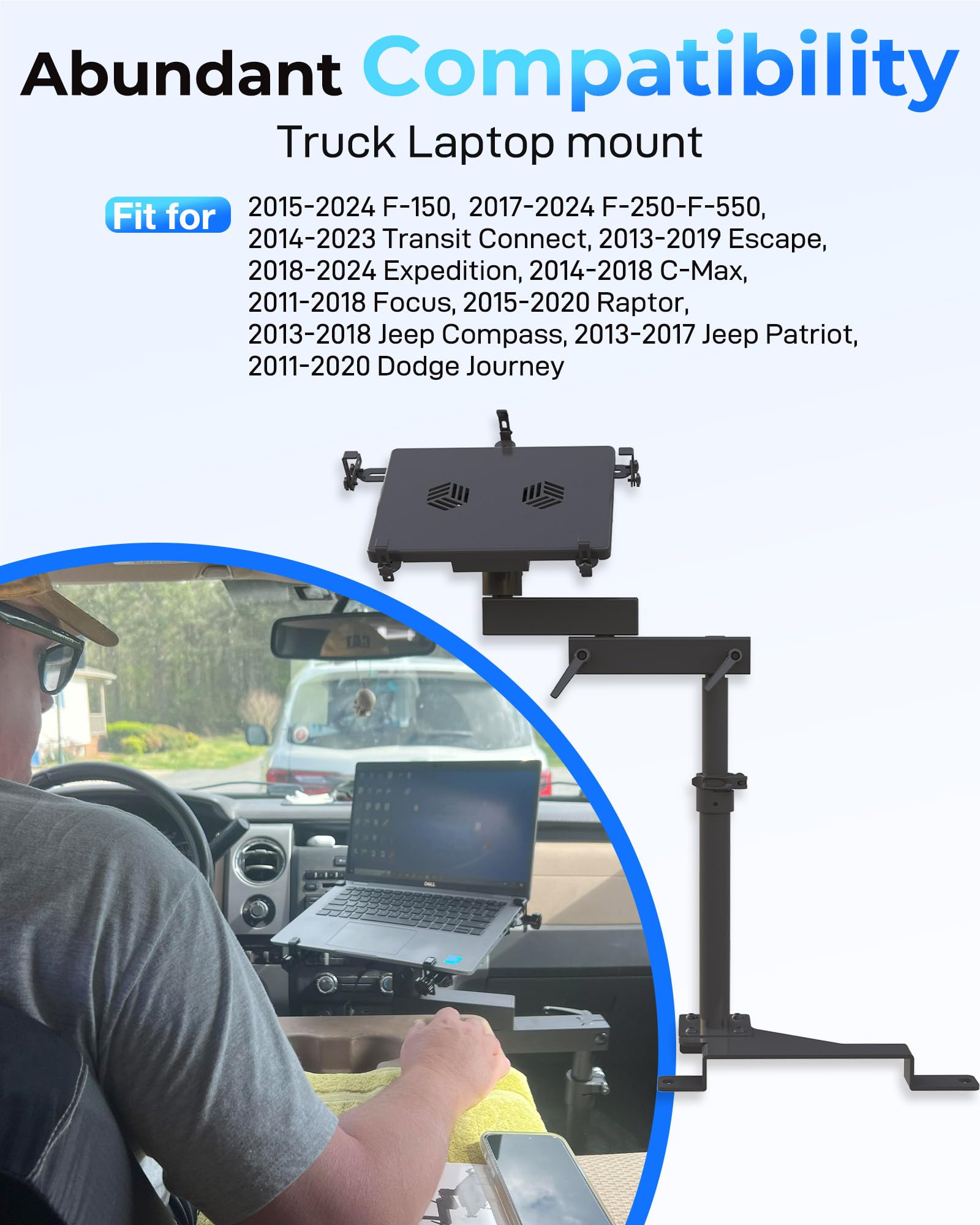Heavy Duty Truck Laptop Mount for Ford F150 F250 F350 F550 - Adjustable Car Computer Stand Holds 17
