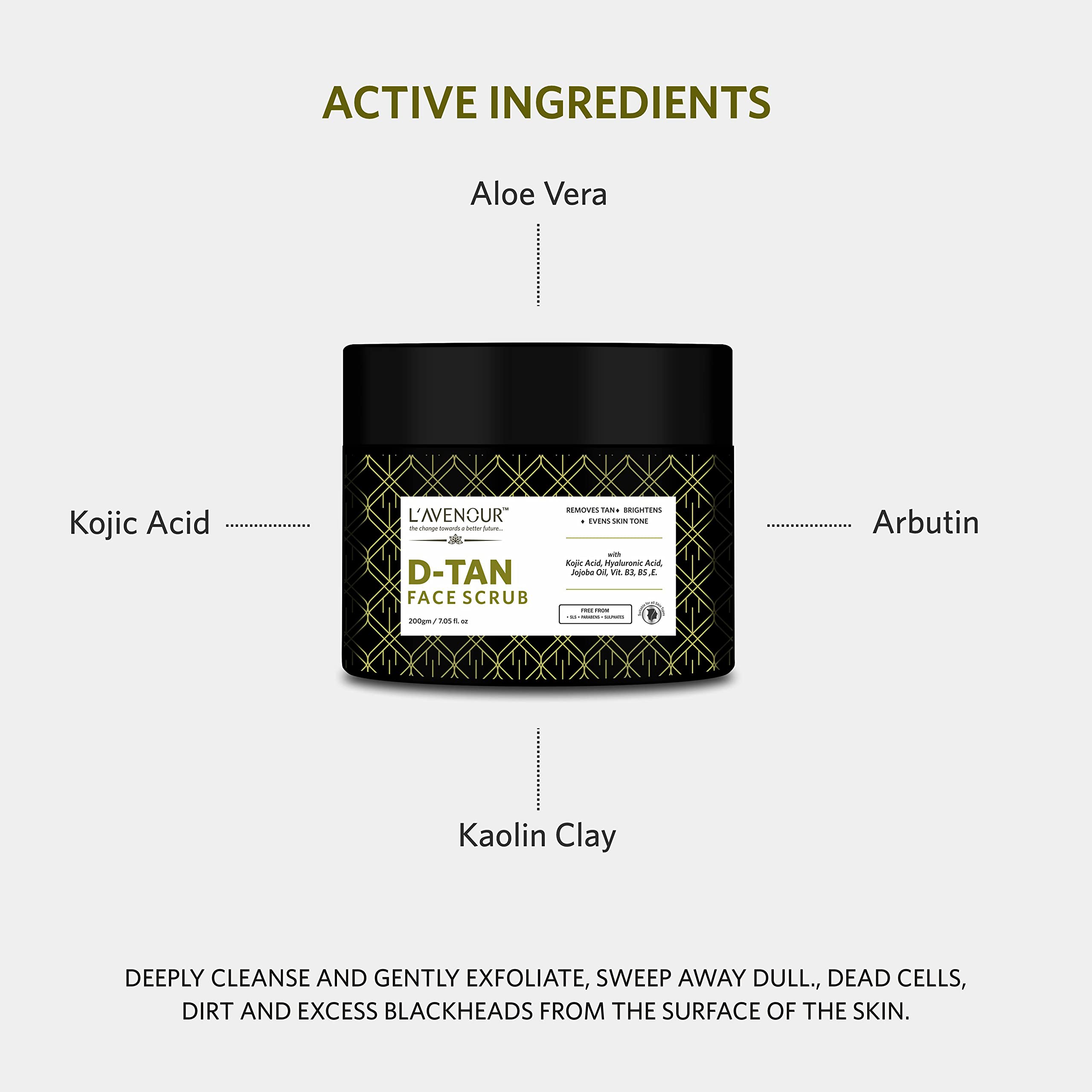 L'avenour D-Tan Face Pack with Aloe Vera, Kaolin Clay & Arbutin - Skin Brightening, Tan Removal & Tone Evening Treatment for All Skin Types (200g) | Perfect for Post-Sun Care, Daily Glow & Radiant Complexion