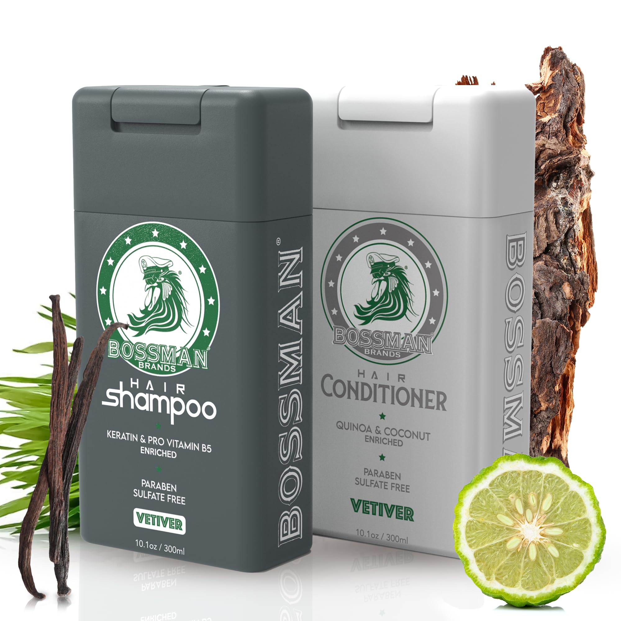 Bossman Men's Hair Shampoo and Conditioner Set - Hydrating & Strengthening Combo with Soothing Formula - Paraben Free & Sulfate Free (Vetiver X) - Perfect for Daily Hair Care & Styling