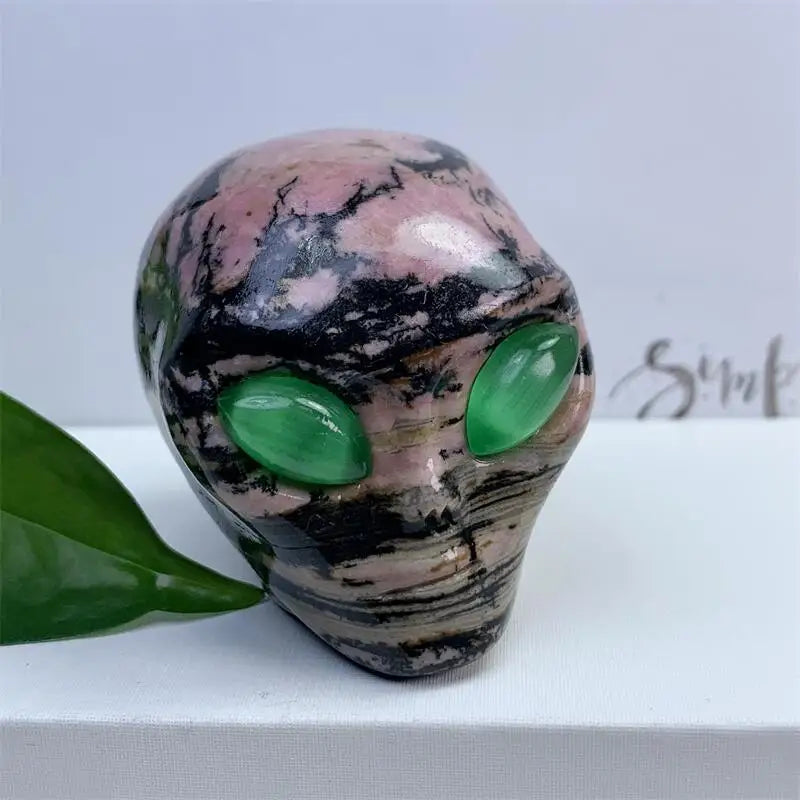 2 Inch Natural Rhodonite Alien Skull Crystal Carving - Healing Energy Stone for Meditation, Home Decor & Spiritual Gifts - Unique Handcrafted Collectible for Reiki, Chakra Balancing & Positive Energy (1PC)