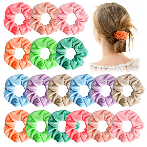 18 Pcs Velvet Hair Scrunchies - Soft Neon Macaron Hair Ties for Women & Girls, Elastic Hair Bands for Ponytails, Workouts & Everyday Use