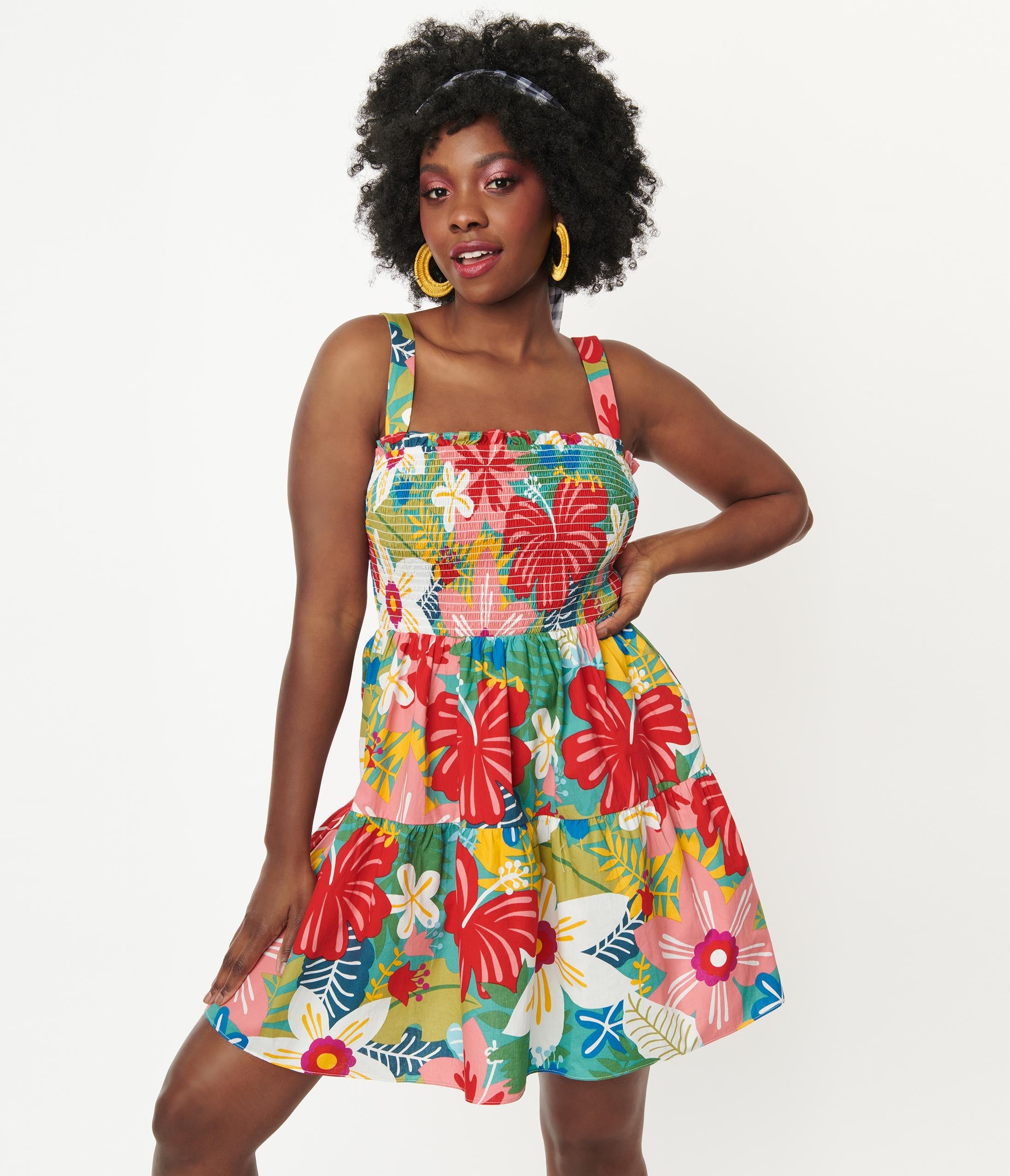 Vibrant Tropical Floral Print Smocked Waist Flare Dress for Women - Perfect for Beach Vacations, Summer Parties & Boho Fashion