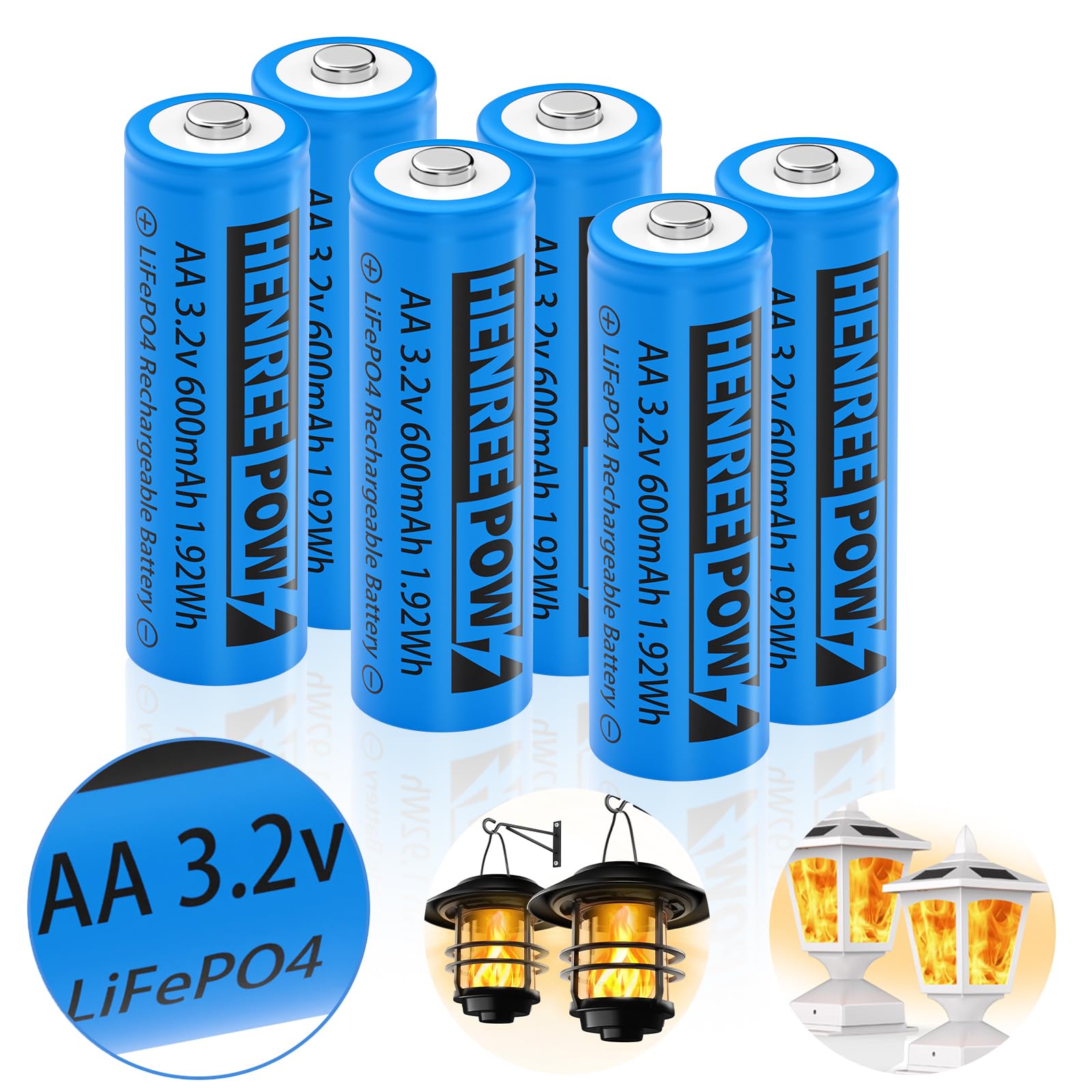 Henreepow AA 3.2V LiFePO4 Solar Rechargeable Batteries - 600mAh 3.2V 1.92Wh Double A Batteries (6-Pack) for Solar Lights, Wall Lanterns, Garden Lights & Outdoor Solar Post Lights - Eco-Friendly Power Solution for Home & Landscape Lighting