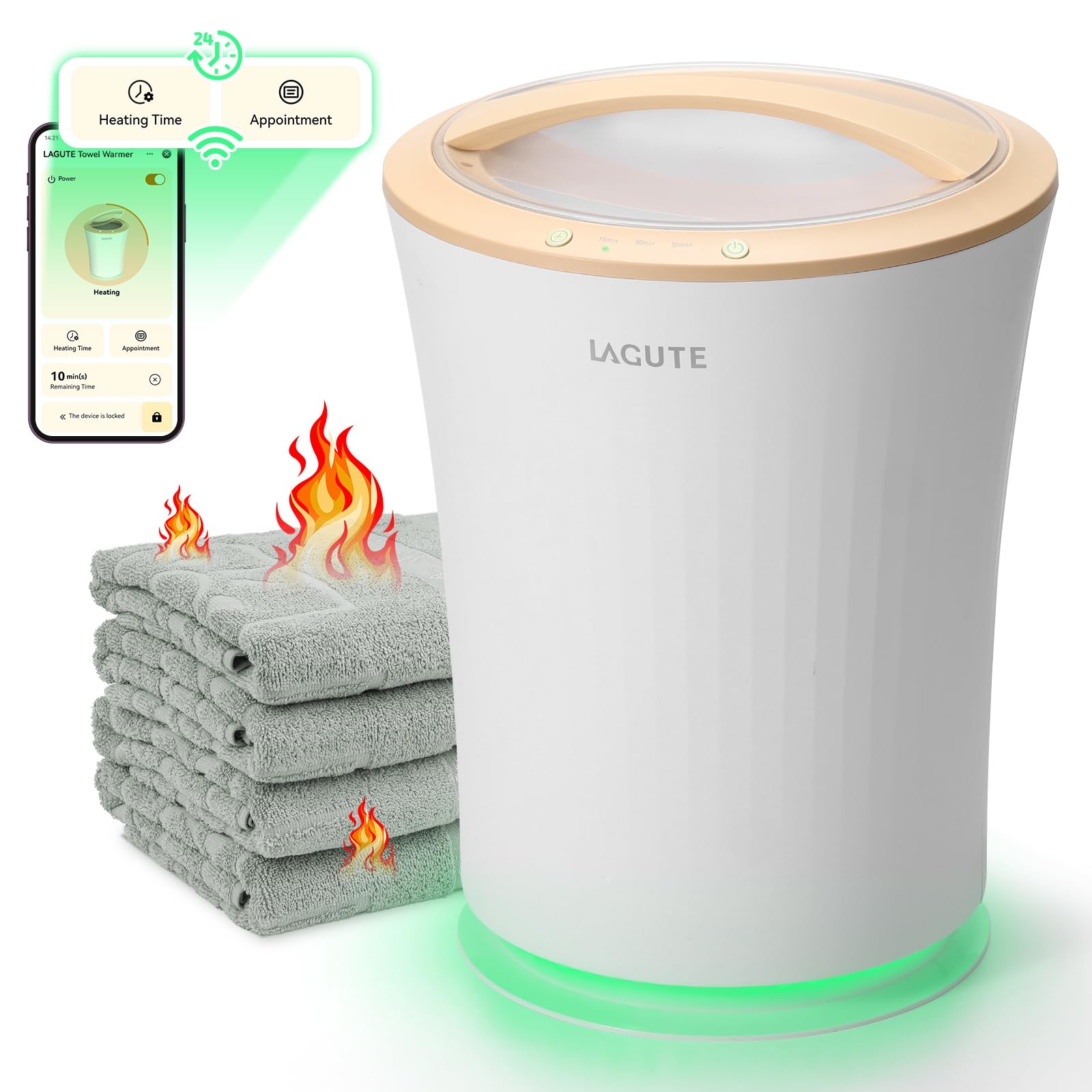 Lagute WiFi-Controlled Bathroom Towel Warmer Bucket with Timer, Alarm & RGB Lighting - Warm Beige | Luxury Spa, Hotel & Home Bathroom Accessory for Cozy Towels