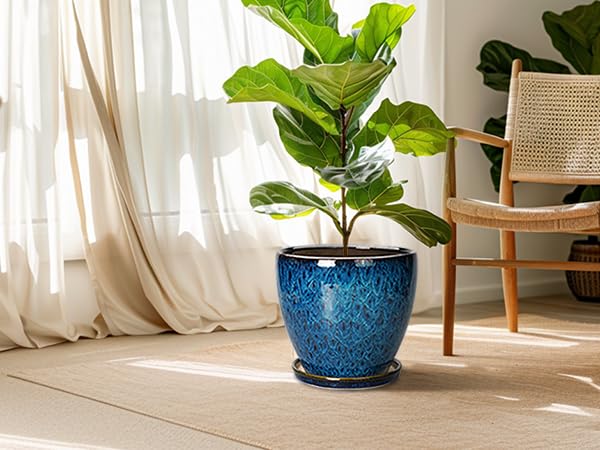 10 Inch Round Ceramic Planter Pot with Drainage Hole & Saucer - Large Indoor Outdoor Flower Pot for Plants, Succulents, Herbs - Perfect for Home Decor, Garden, Patio, Balcony