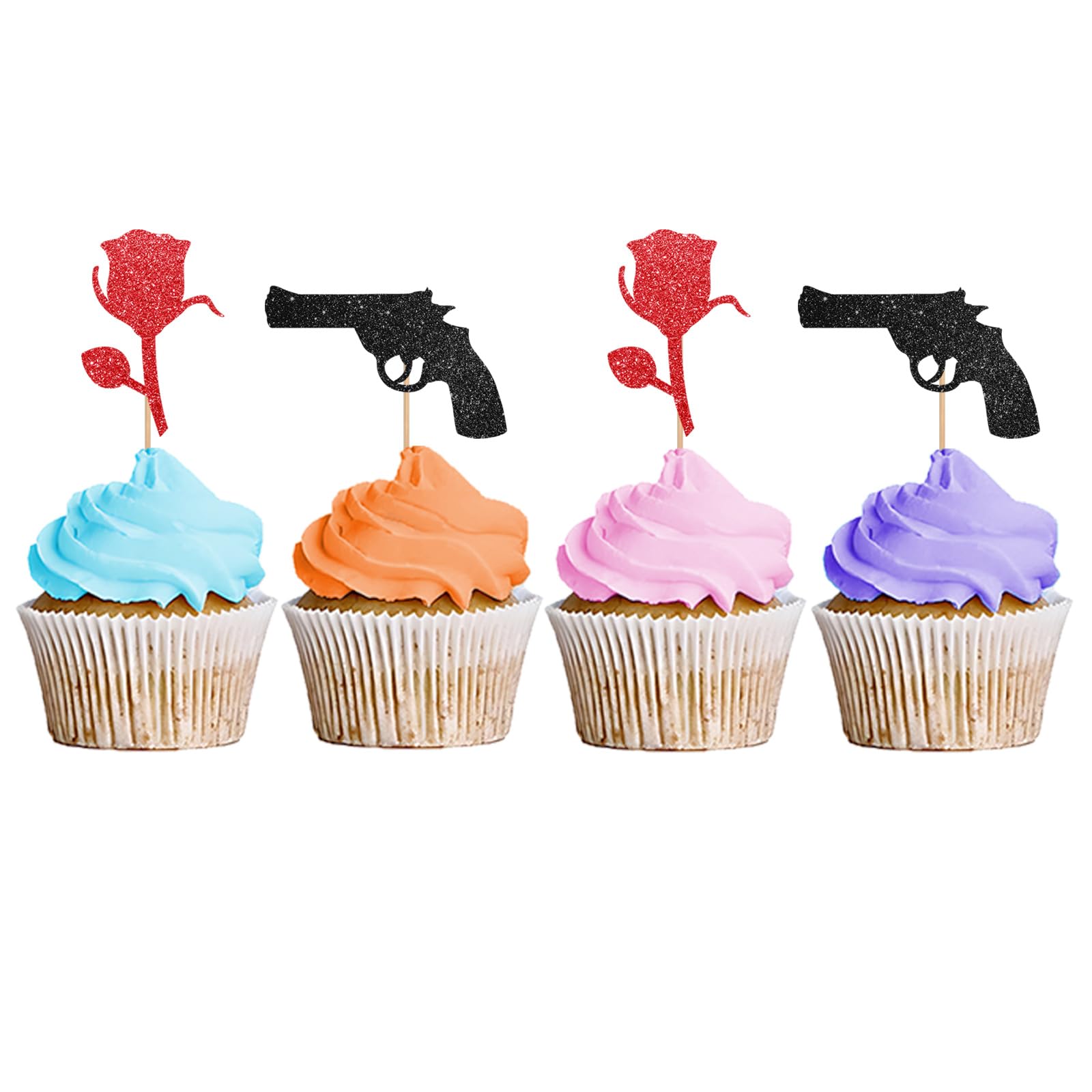 24PCS Guns or Roses Cupcake Toppers - Black & Red Glitter for Baby Showers & Gender Reveal Parties