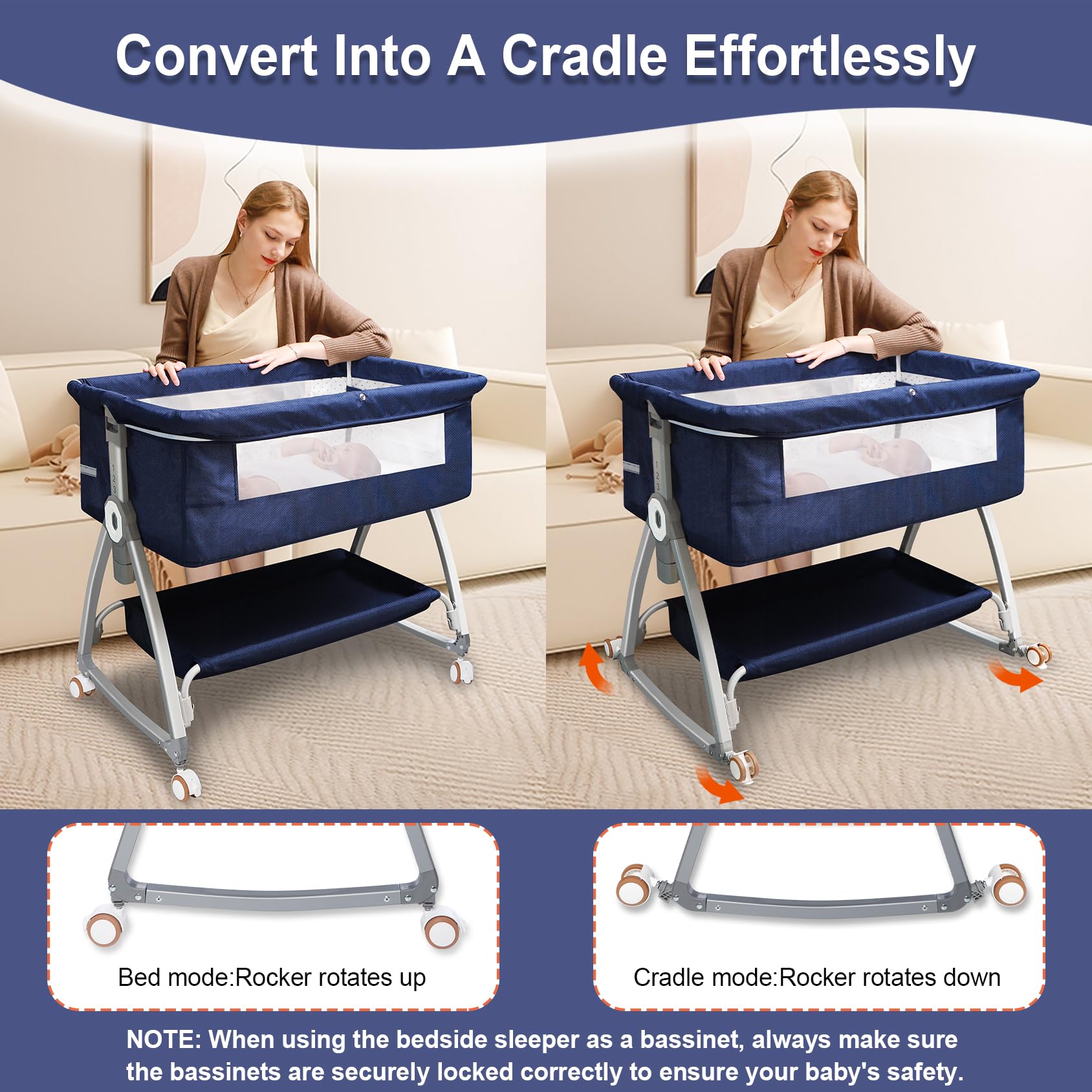YTHFGRT 3-in-1 Adjustable Baby Bassinet Bedside Sleeper - 6 Height Levels & Auto-Lock Wheels - Portable Crib for Newborns & Infants - Perfect for Breastfeeding, Co-Sleeping & Nursery Room