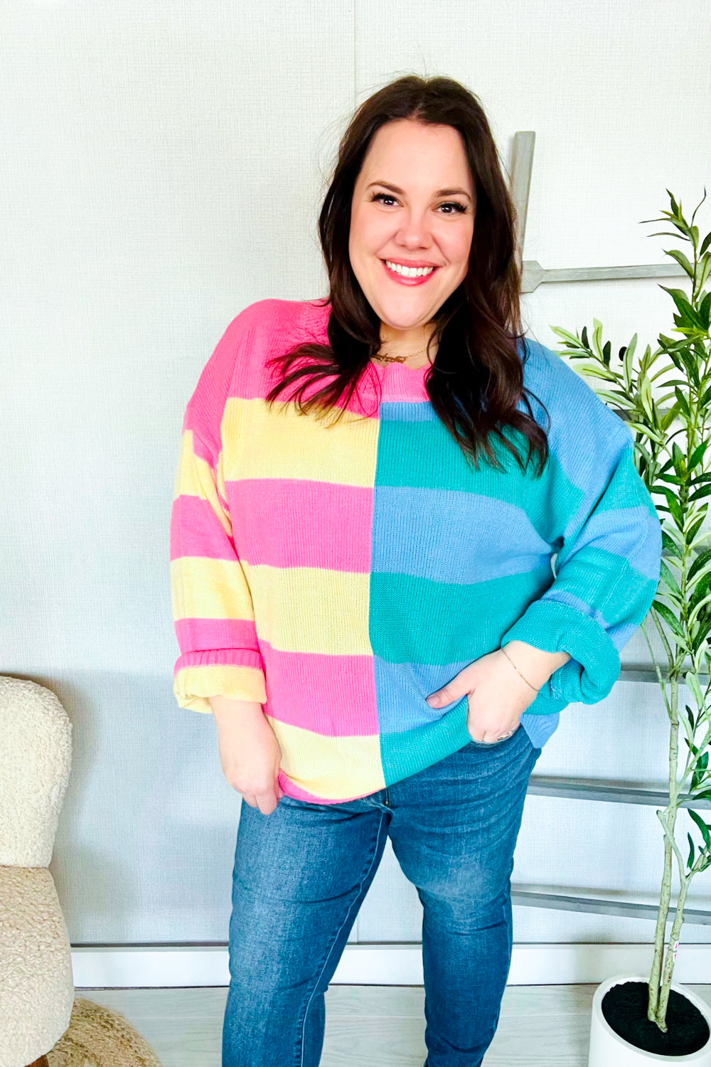 Stylish Blush & Blue Stripe Color Block Knit Sweater for Women | Trendy Casual Pullover | Perfect for Fall Outfits, Date Nights & Cozy Weekends