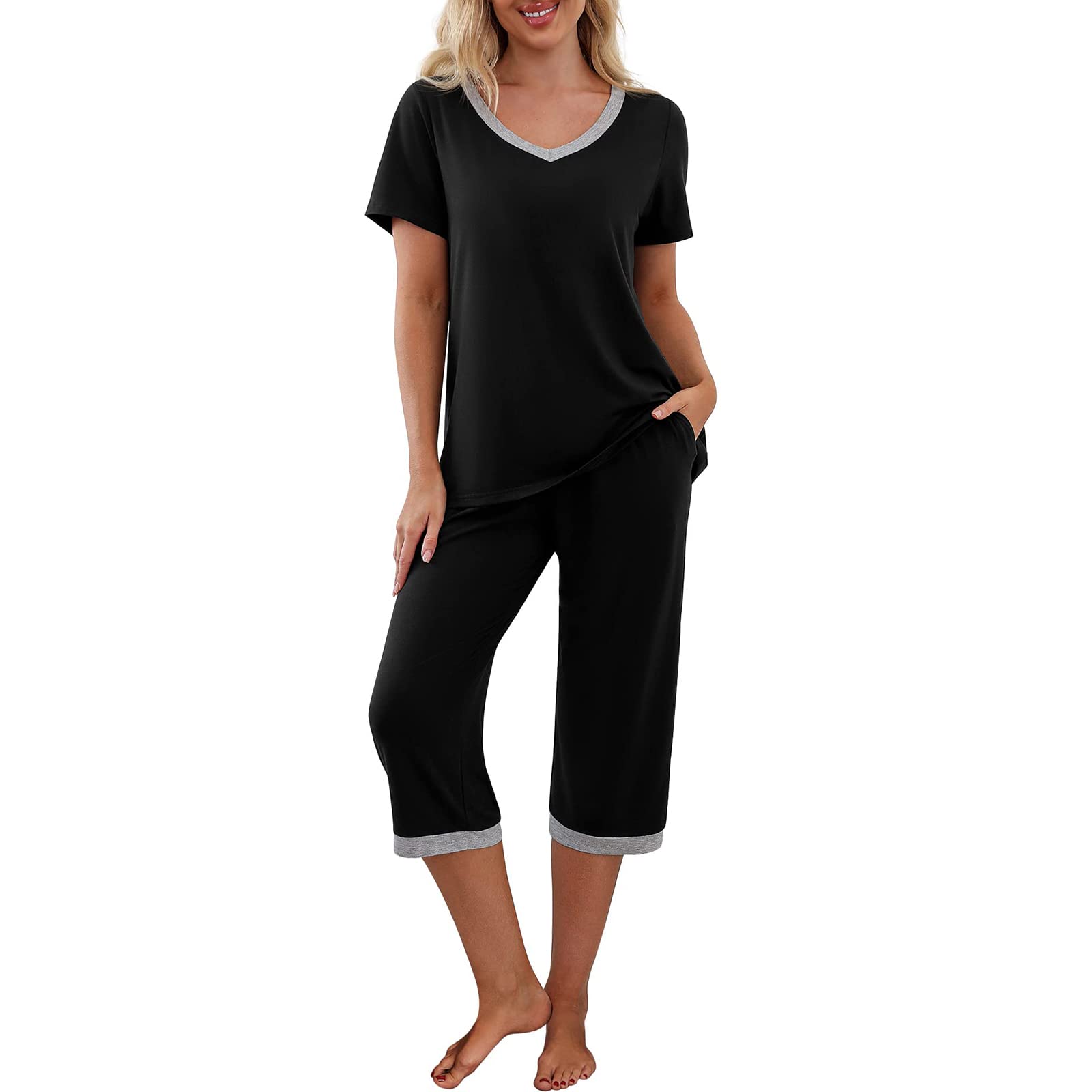 Franhais Women's Short Sleeve V-Neck Pajama Set - 2 Piece Lounge Sleepwear with Pockets | Soft & Comfortable PJS for Sleeping, Relaxing at Home, and Travel