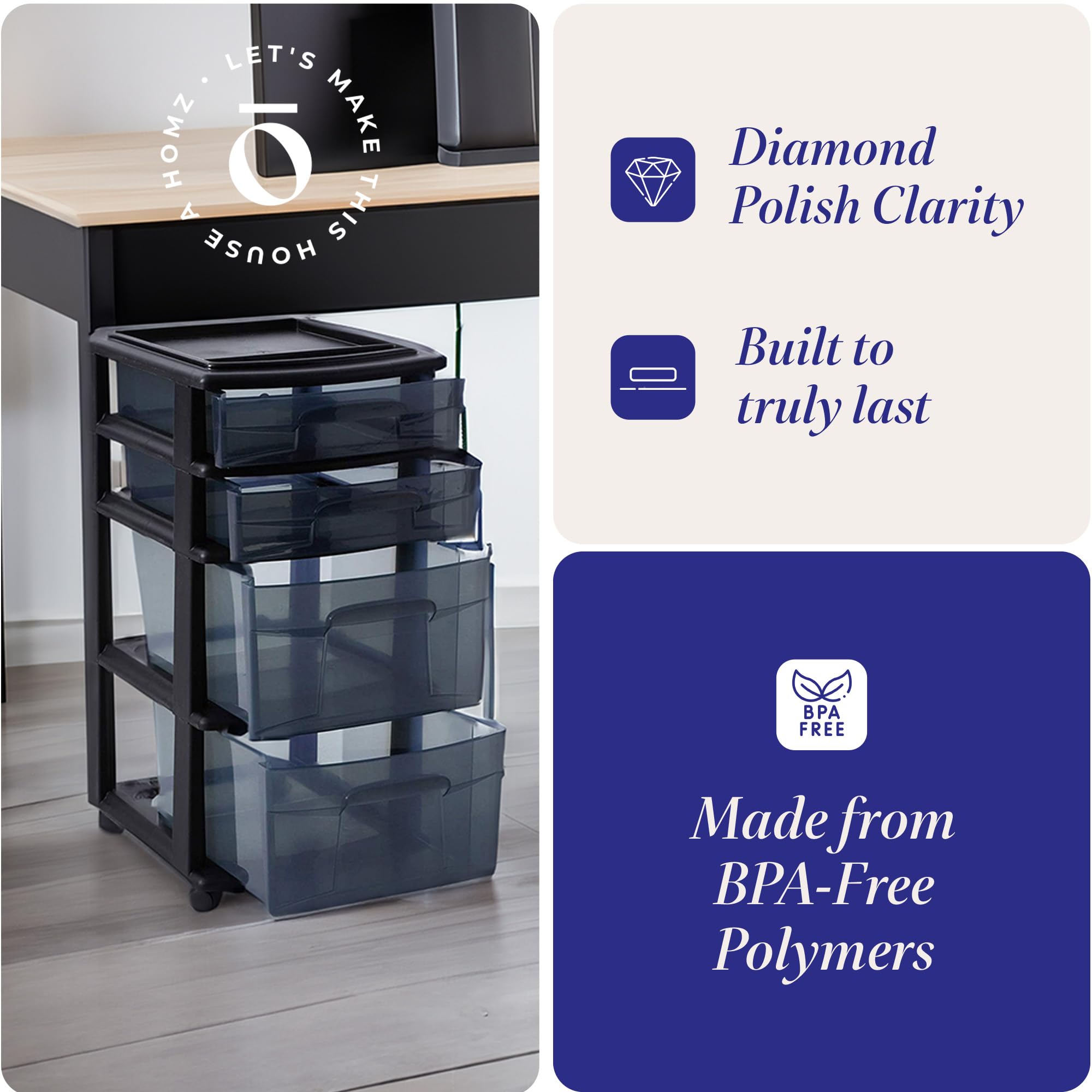HOMZ 2-Pack 4-Tier Clear Black Plastic Storage Drawer Tower Organizer Cart with Black Frame - Perfect for Bedroom, Bathroom, Office & Closet Organization