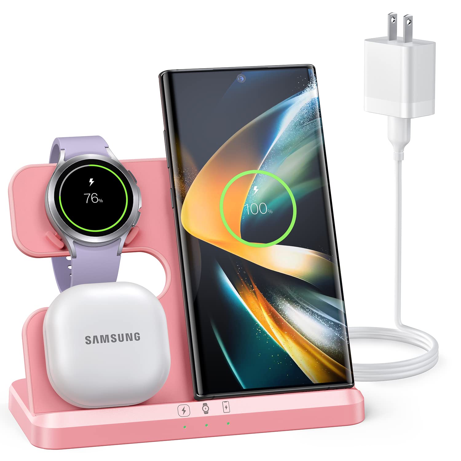 3-in-1 Fast Wireless Charging Station for Samsung Galaxy Z Flip 5/4/3, Z Fold, S23 Ultra/S22/S21/S20, Watch 5/4/3 & Buds - Pink | Multi-Device Charger Stand for Android Phones | Perfect for Home, Office & Nightstand Charging