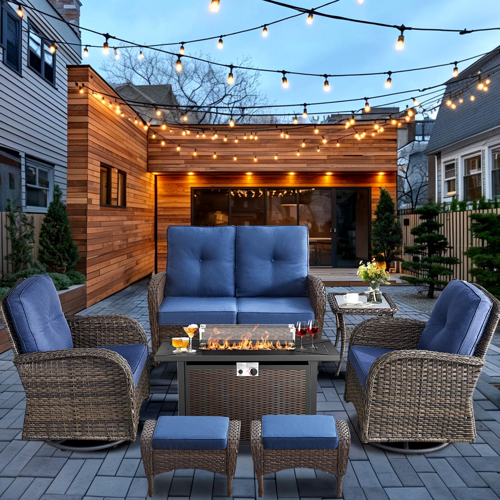 HUMMUH 7-Piece Patio Furniture Set with Fire Pit - Outdoor Wicker Glider Loveseat & Swivel Rocking Chairs with Ottomans - Perfect for Backyard, Poolside, Deck, Garden & Outdoor Entertaining