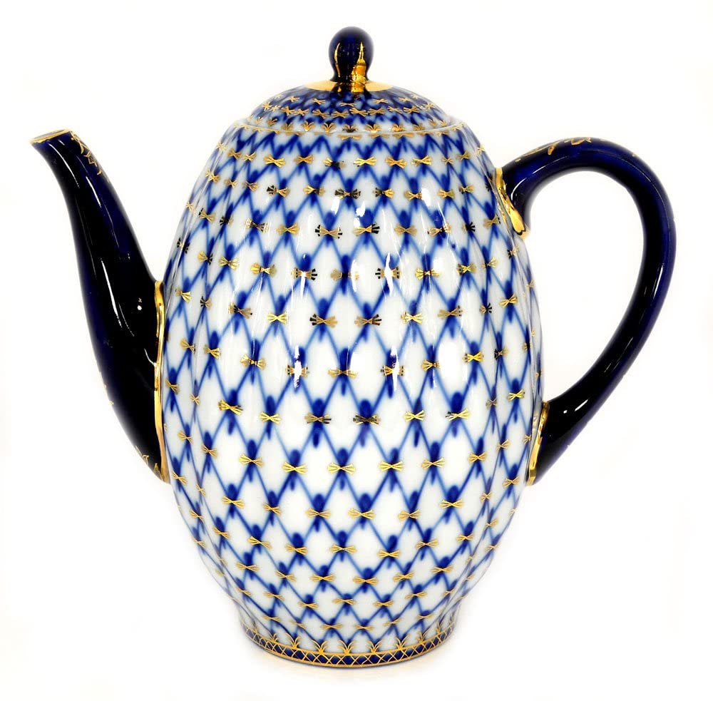 Lomonosov Porcelain 22K Gold Cobalt Net Coffee Pot - 8 Cups (40 oz/1200 ml) - Elegant Tea & Coffee Serving for Home, Office & Gifts