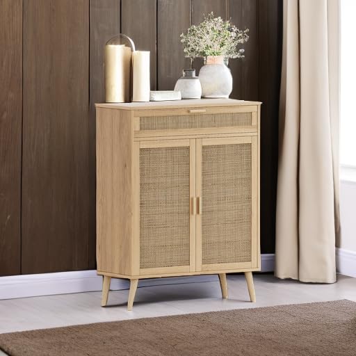 Rovaurx Natural Rattan Accent Floor Storage Cabinet with Large Drawer - Freestanding Bathroom Organizer Cabinet for Bedroom, Living Room & Home Decor (BMGZ107M)