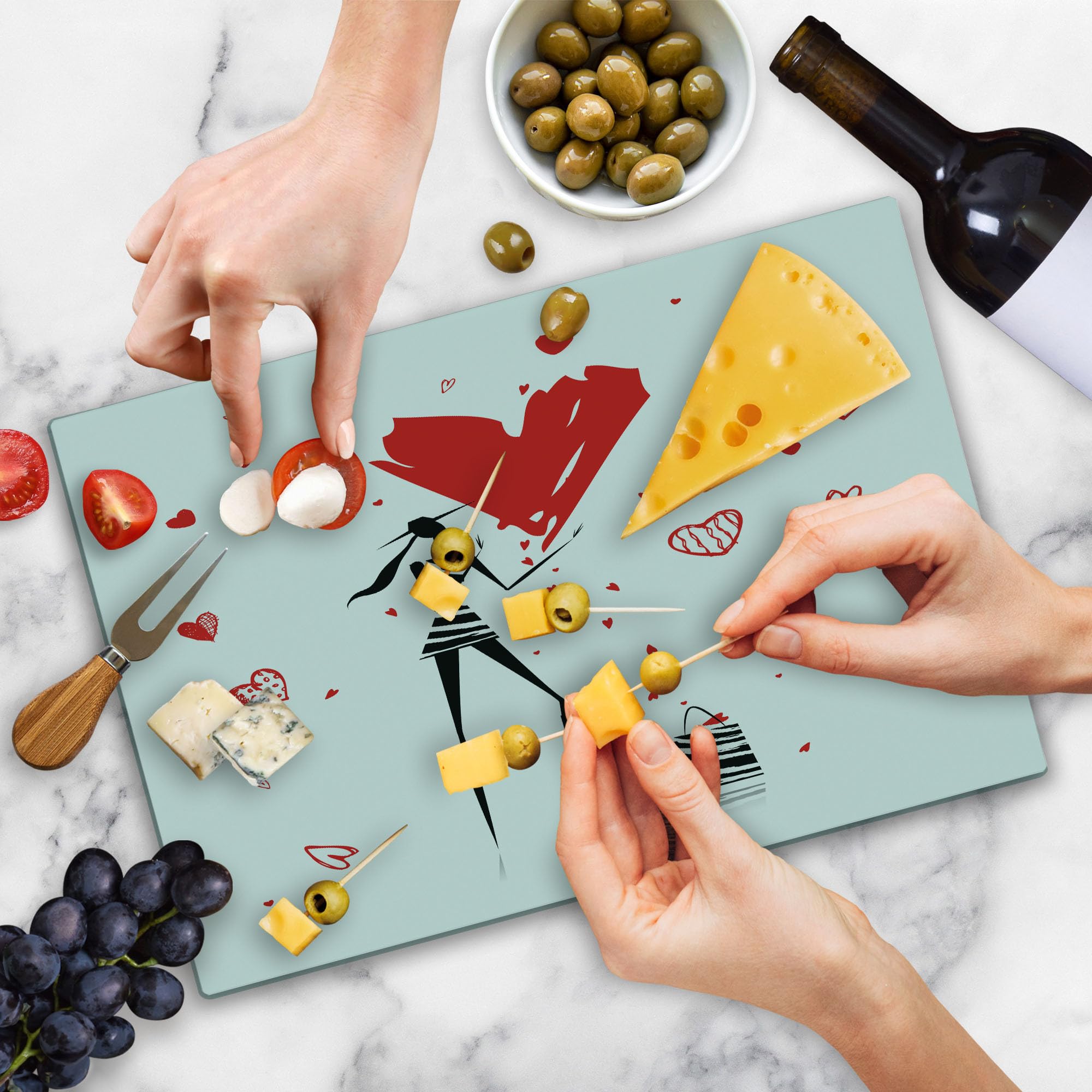 Lunarable Fashion Cutting Board - Urban Lady with High Heels & Giant Valentine's Day Heart Print, Tempered Glass Serving Board for Kitchen & Dining Decor (Large, White/Black/Red) - Perfect for Valentine's Gifts, Romantic Dinners & Home Decor