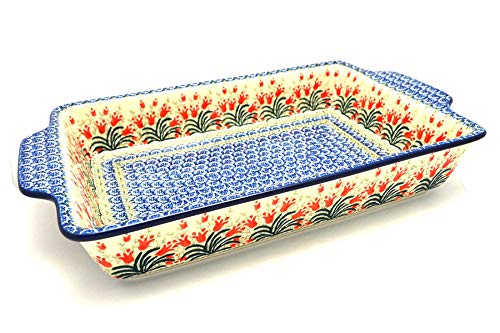 Polish Pottery Rectangular Baker with Tab Handles - 12 Cup Capacity - Crimson Bells Design - Perfect for Casseroles, Lasagna & Holiday Baking