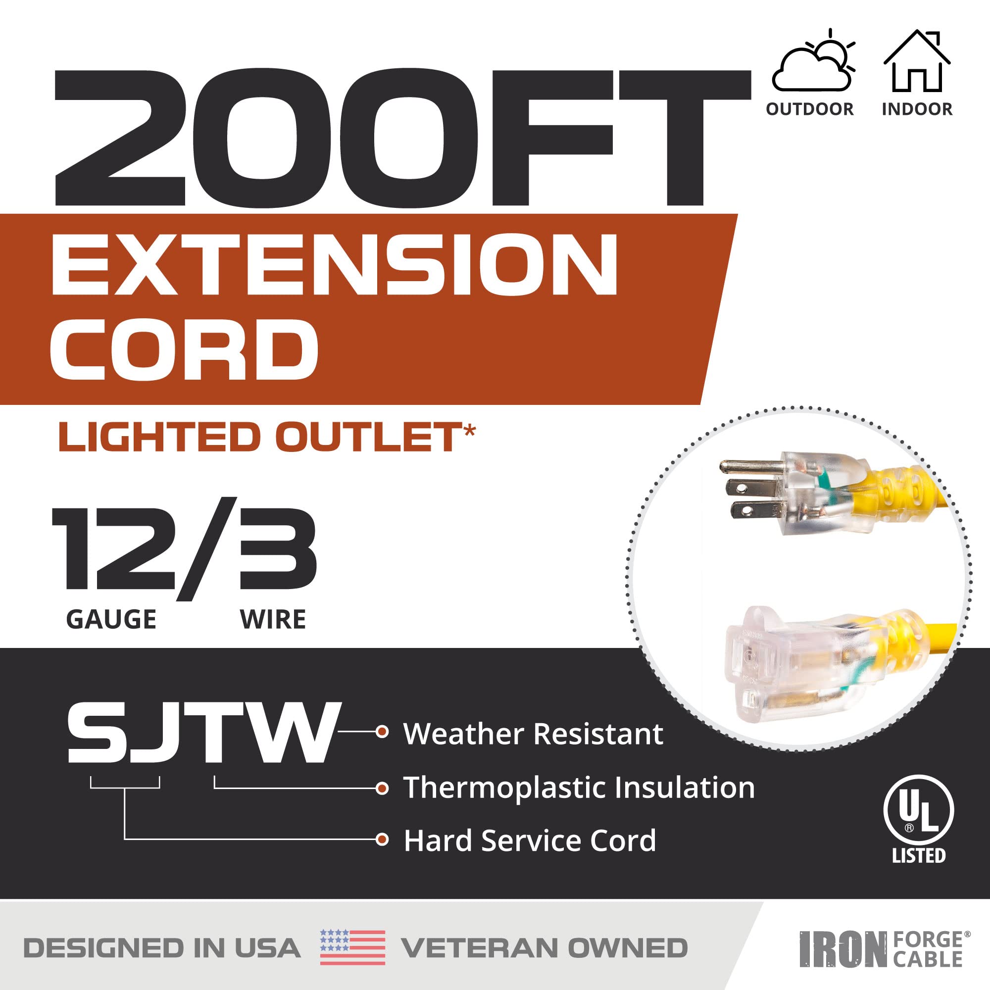 200ft Heavy Duty 12 Gauge Extension Cord - 15 Amp SJTW Outdoor Electrical Cable with Lighted Plug & 3-Prong Grounded (Yellow) - Perfect for Power Tools, RV Camping, Construction Sites & Major Appliances