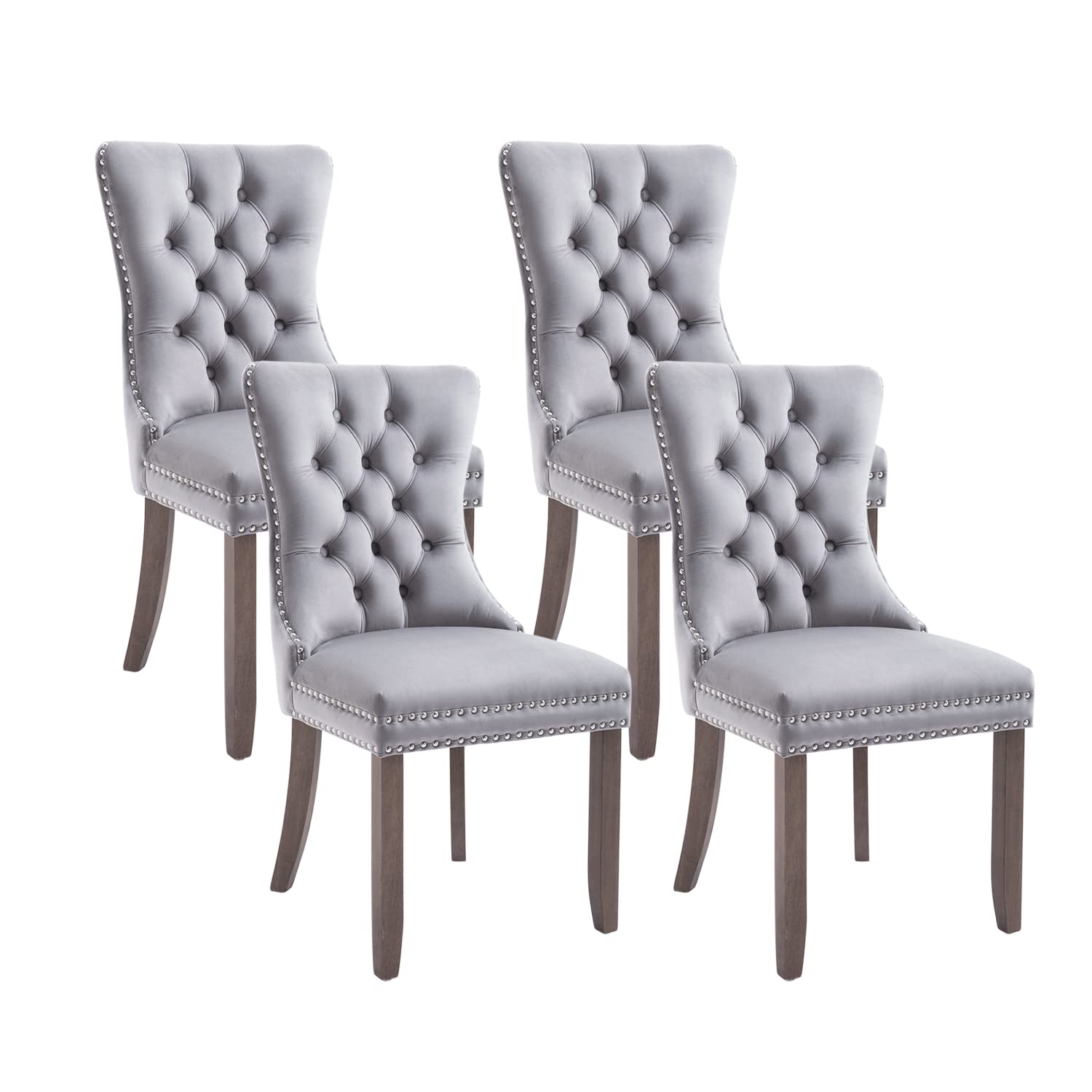 Virabit Velvet Tufted Dining Chairs Set of 4 - Nailhead Trim Upholstered Kitchen & Dining Room Chairs with Ring Pull Design (Light Grey) - Perfect for Modern Home Decor, Dinner Parties & Small Spaces