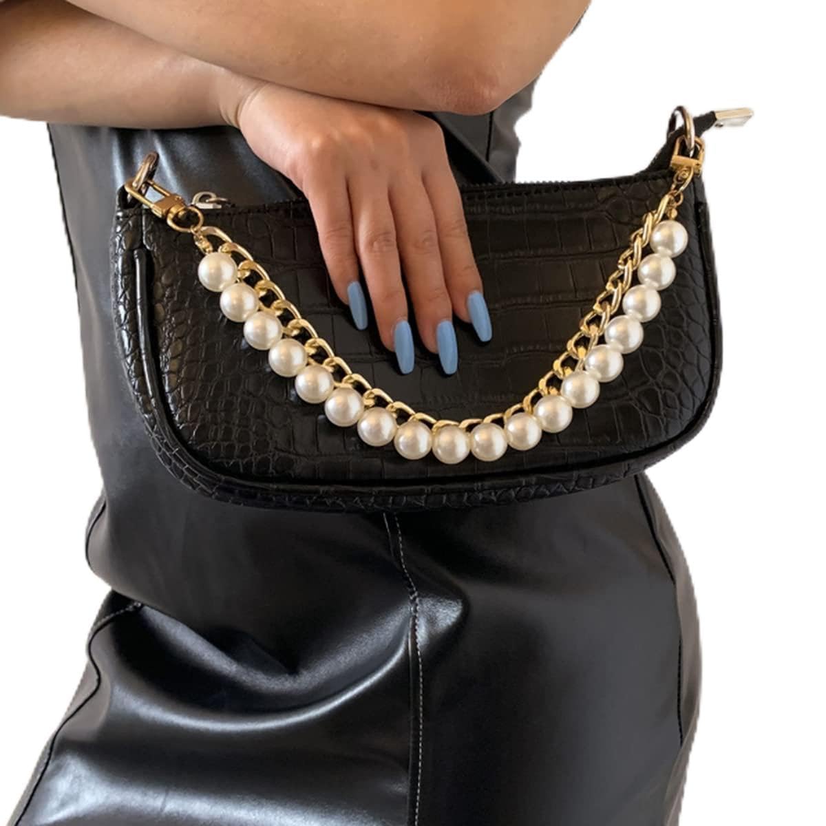 Xerling Short Pearl Bead Purse Handle Chain - Chunky Cuban Link Handbag Strap Replacement - Layered Bag Accessory for Women's Purses, Crossbody Bags & Evening Clutches