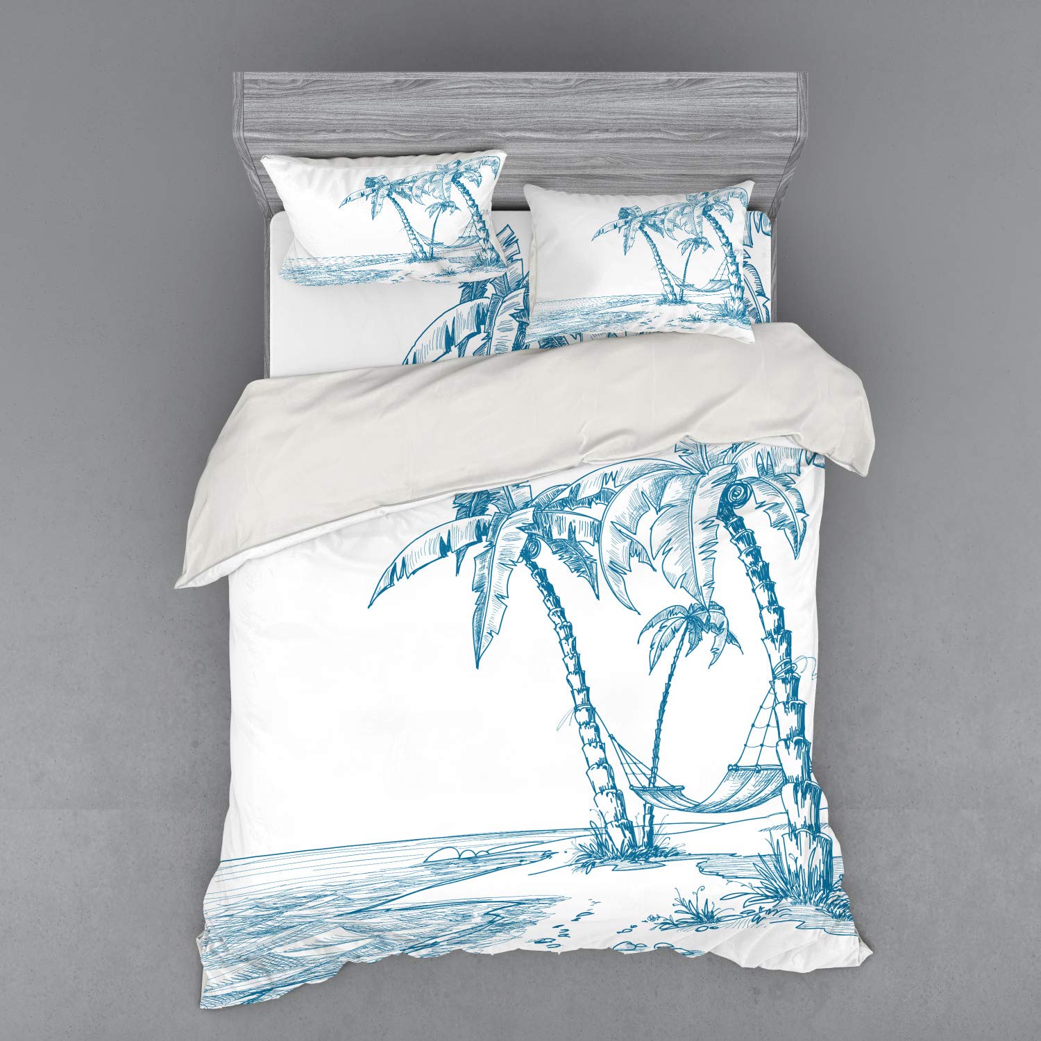 Ambesonne Tropical Beach Duvet Cover Set - Queen Size 4-Piece Bedding with Palm Tree & Hammock Design, Blue & White Hawaiian Theme - Perfect for Beach House, Vacation Rental or Coastal Bedroom Decor