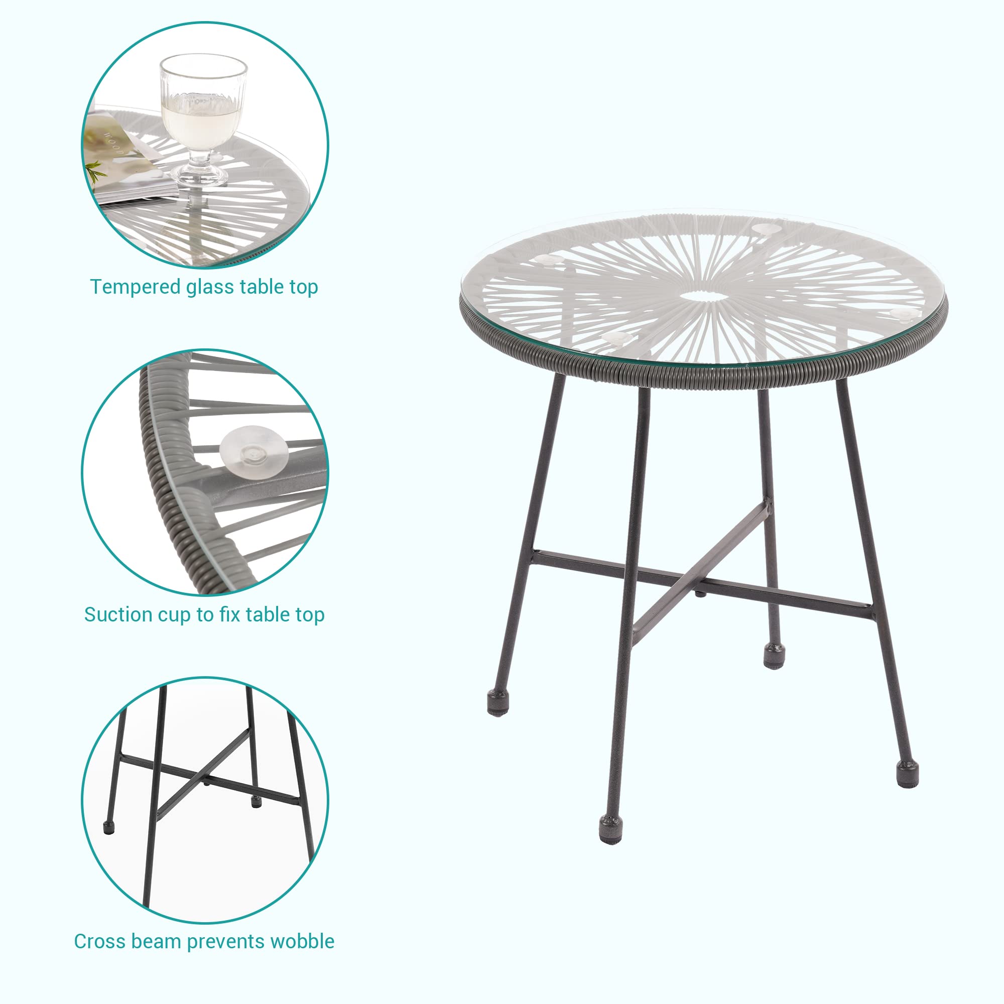3-Piece Patio Furniture Set - Acapulco Chair with Glass Top Table & 2 Chairs - Indoor/Outdoor Seating Set in Grey - Perfect for Backyard, Garden, Poolside & Balcony Relaxation