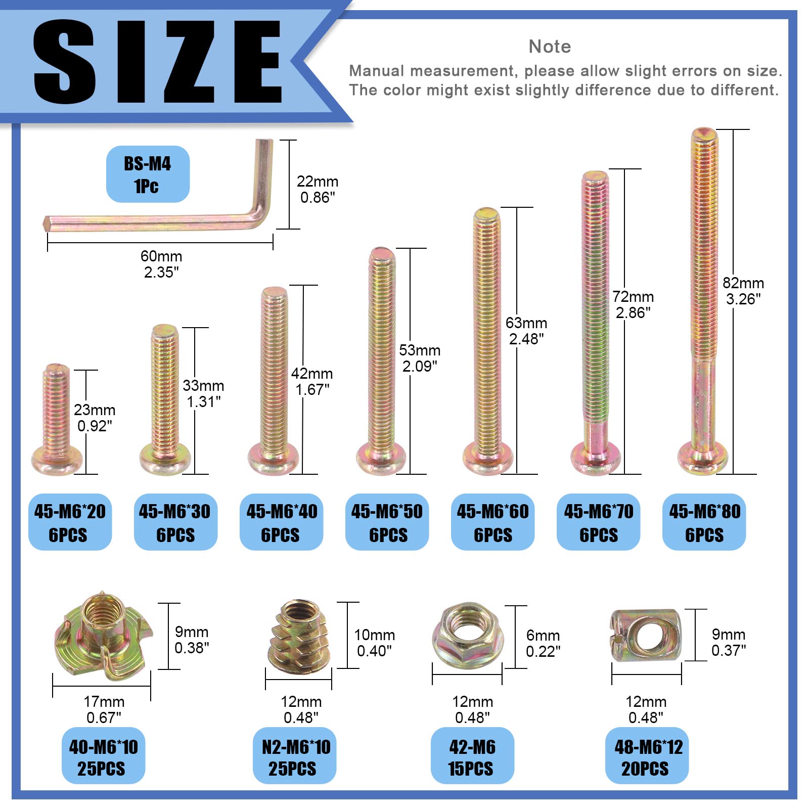 Glarks 128Pcs M6 Screws Kit with Nuts & Allen Wrench for Baby Crib & Wood Furniture Assembly