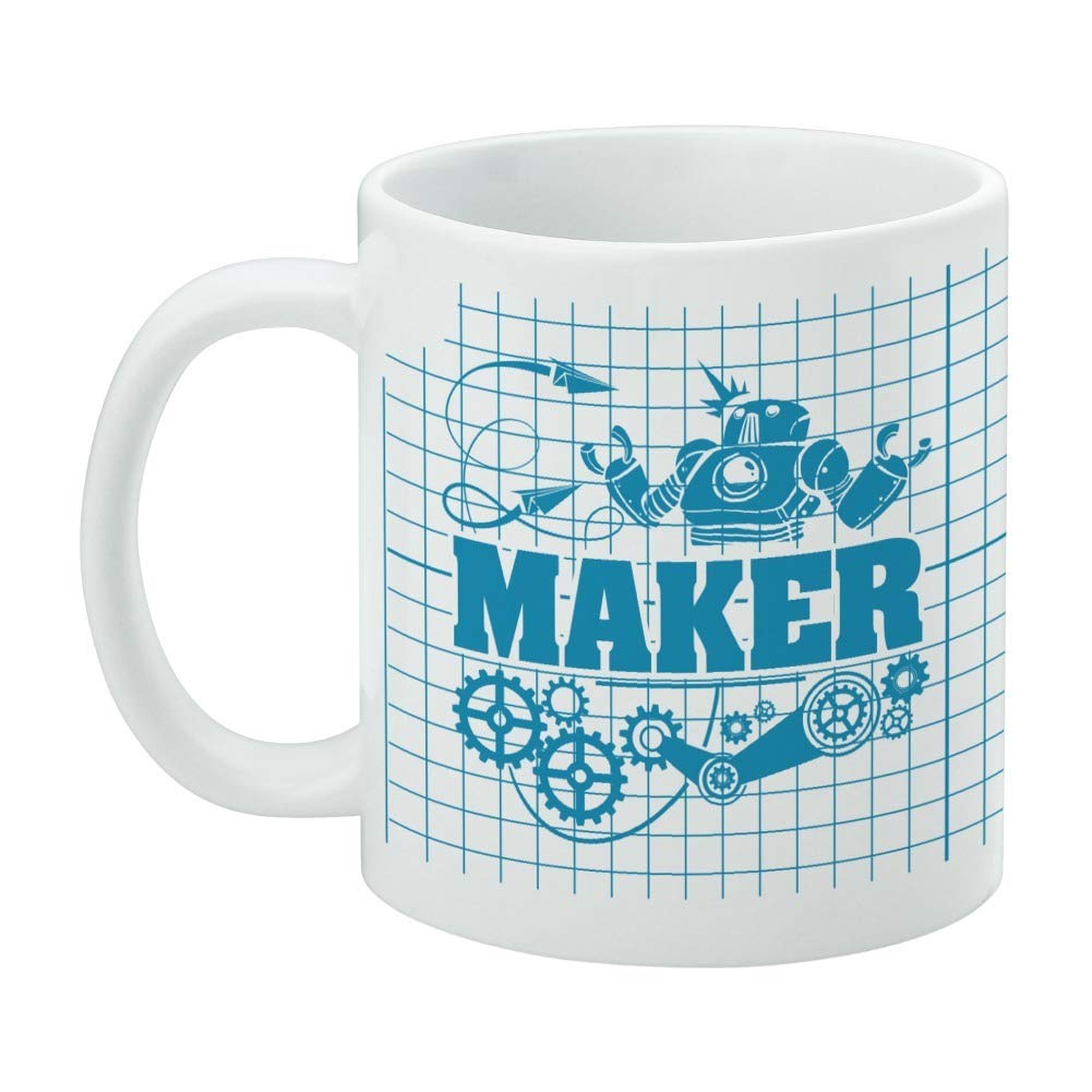 Robot and Gears Ceramic Coffee Mug - 11oz White Novelty Gift for Coffee, Tea & Hot Drinks - Perfect for Office Use, Engineer Gifts & STEM Enthusiasts