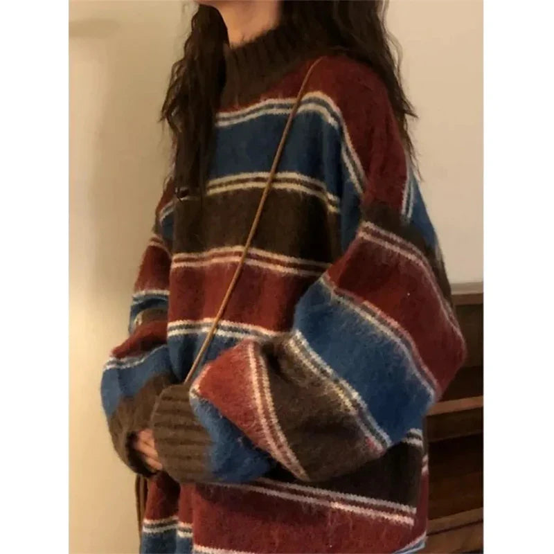 Harajuku Knit Sweaters for Women - Oversized Striped Vintage Pullovers | Korean Streetwear & Preppy Casual Jumpers | Perfect for Fall Layering, College Outfits and Cozy Winter Fashion
