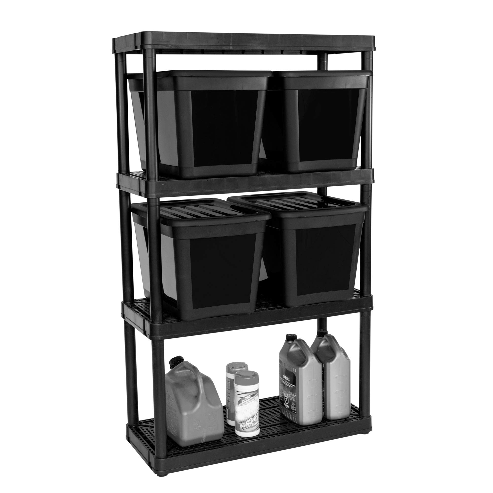 Gracious Living 4-Shelf Black Ventilated Storage Shelving Unit with 10-Gallon Bins & Lids - Medium Duty Organizer System for Garage, Closet & Home Organization