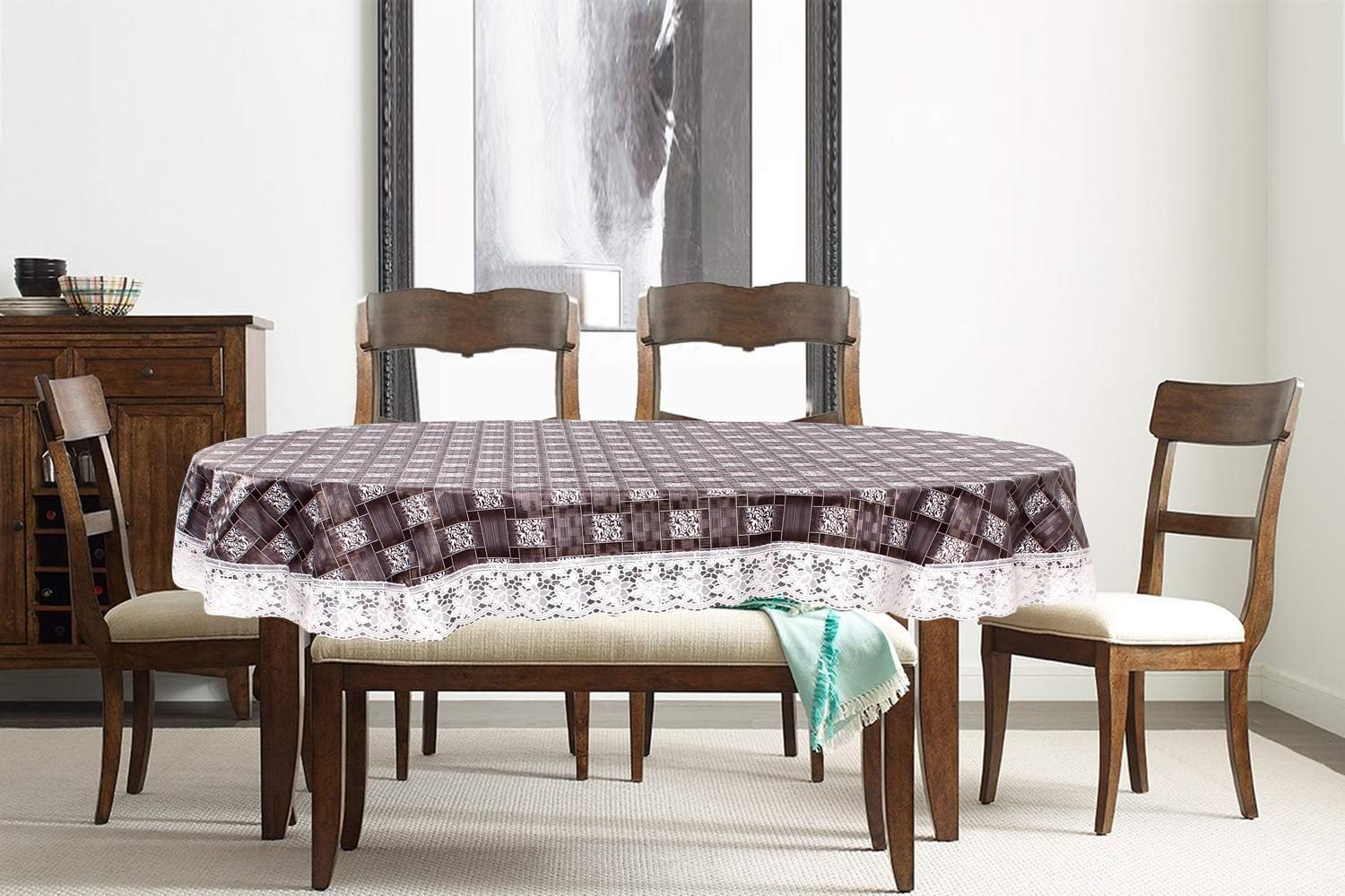 4 Seater Oval Dining Table Cover with White Border Lace - 54x78 Inches, Plastic, Pack of 1 (Grey Box) - Waterproof & Durable Tablecloth for Indoor/Outdoor Parties, Weddings & Family Gatherings