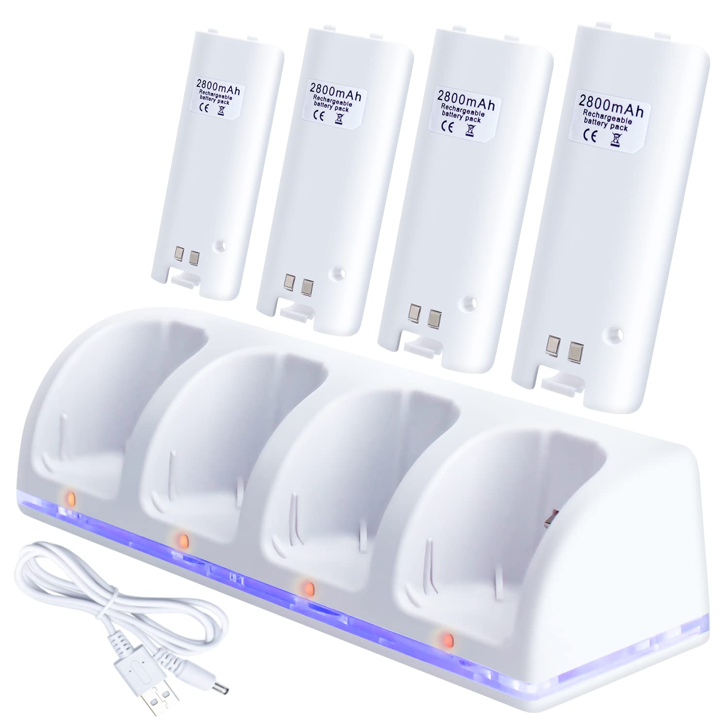 OSTENT Nintendo Wii Remote Controller Charger Dock Station with 4 Rechargeable Battery Packs - White | Fast Charging Dock for Wii Controllers | Perfect for Gaming Parties & Family Game Nights