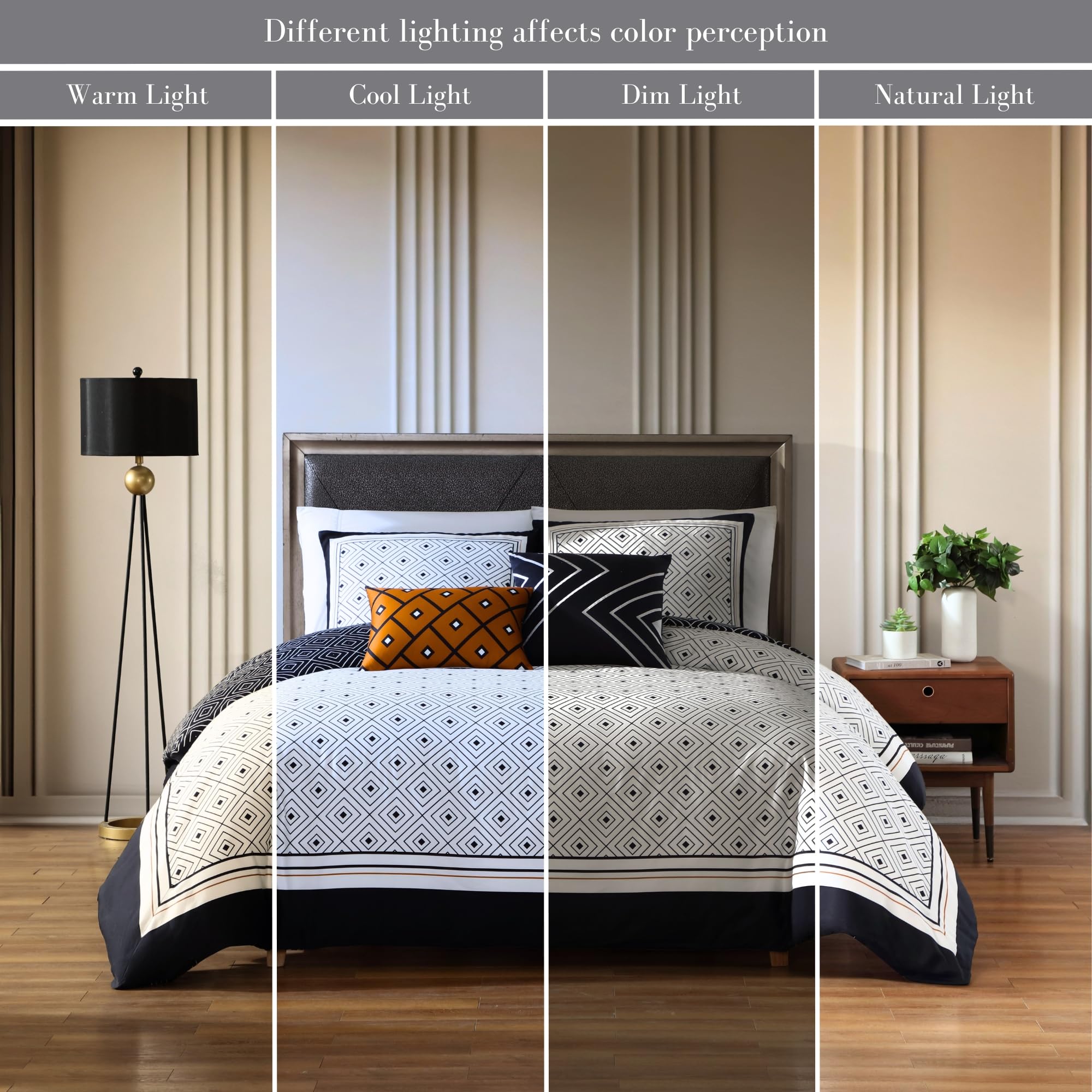 Bebejan Geometric Black and White 5-Piece King/Cal King Comforter Set - 100% Cotton Sateen, 200 Thread Count, Reversible Bedding with 1 Comforter, 2 Shams & 2 Pillows - Perfect for Modern Bedroom Decor & Guest Room Styling