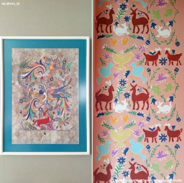 Otomi Allover Damask Wall Stencil - DIY Home Decor Stencil for Mexican Folk Art Painting, Wall Murals, and Furniture Upcycling