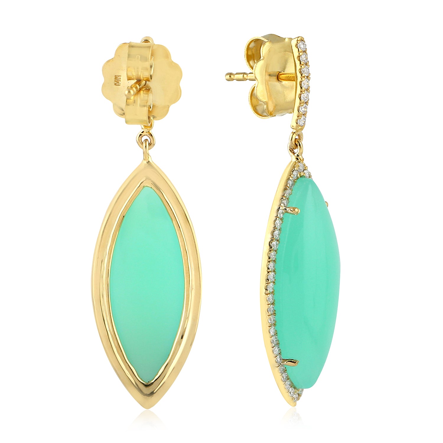 14K Yellow Gold Marquise Cut Chrysoprase Pave Diamond Dangle Earrings - Elegant Statement Jewelry for Weddings & Special Occasions